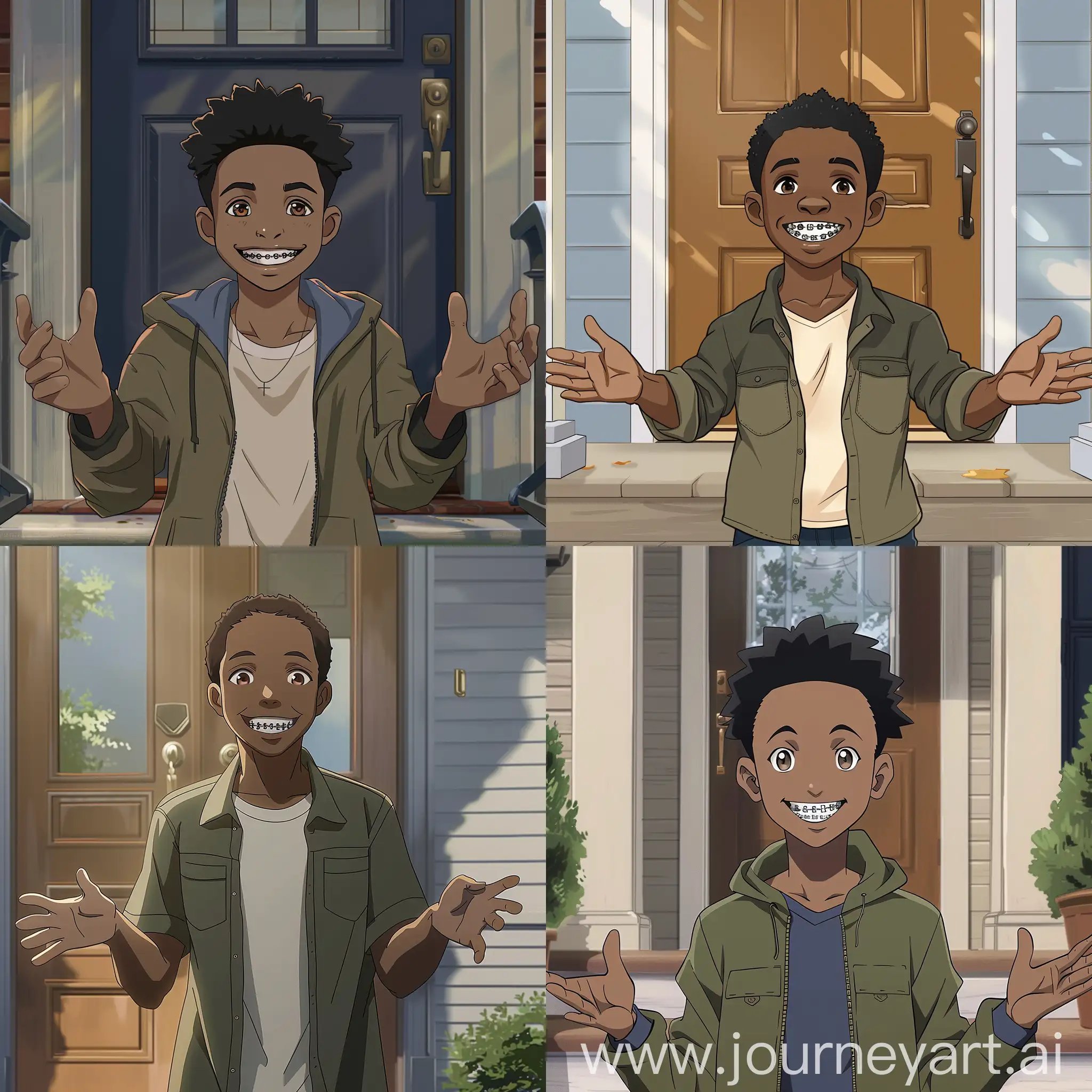 high quality photo of anime African American male holding his hands out at the front door step smiling with braces