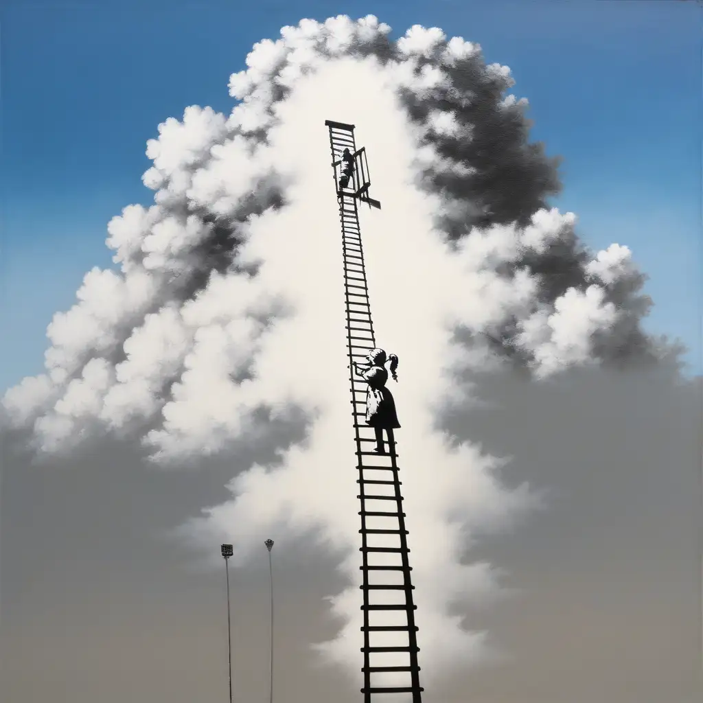 Woman Grieving Lost Sister Amidst Clouds and Ladder to the Sky