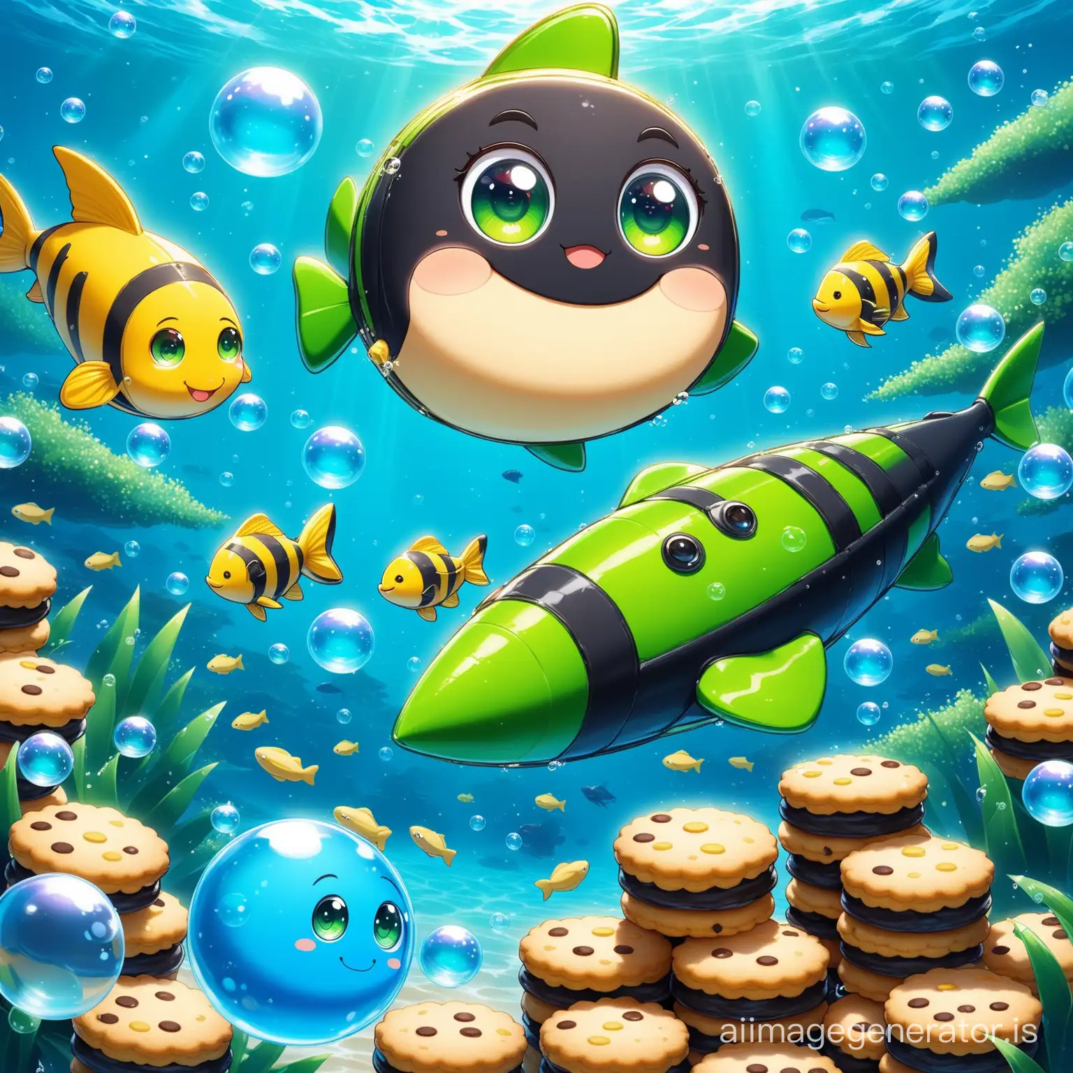 Joyful-Black-Fish-Cookie-Swimming-Amongst-Detailed-Bananas-and-Floating-Cookies-in-a-Blue-Bubblefilled-Sea