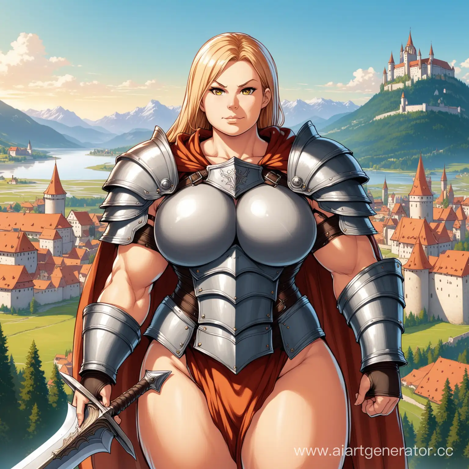 Big woman with a claymore, very muscular, holding a claymore on her shoulder, trip of babric horizontally over her chest (the only thing on her chest), shoulder armor, Mondstadt background
+