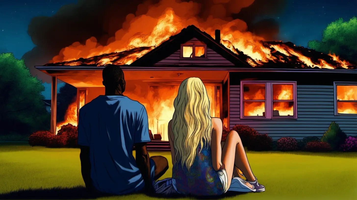 black husband and hippie blonde wife sitting on lawn watching house burn at night 