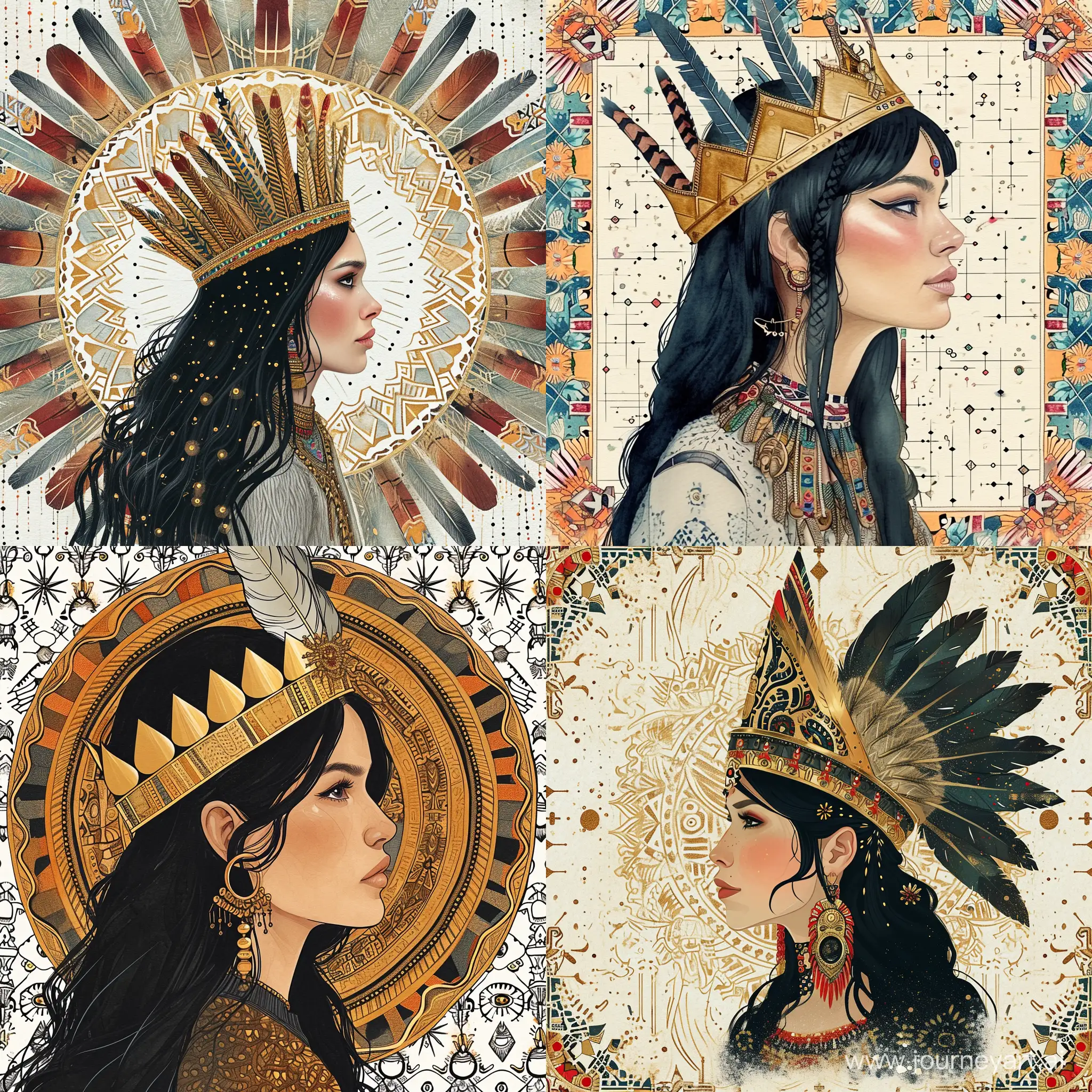In golden crown, black-haired woman, Indian, in profile, center portrait, Aztec civilization, on the background of pin pattern, fairy tale illustration, stylized caricature, Victor Ngai, watercolor, drawing, decorative, flat drawing.