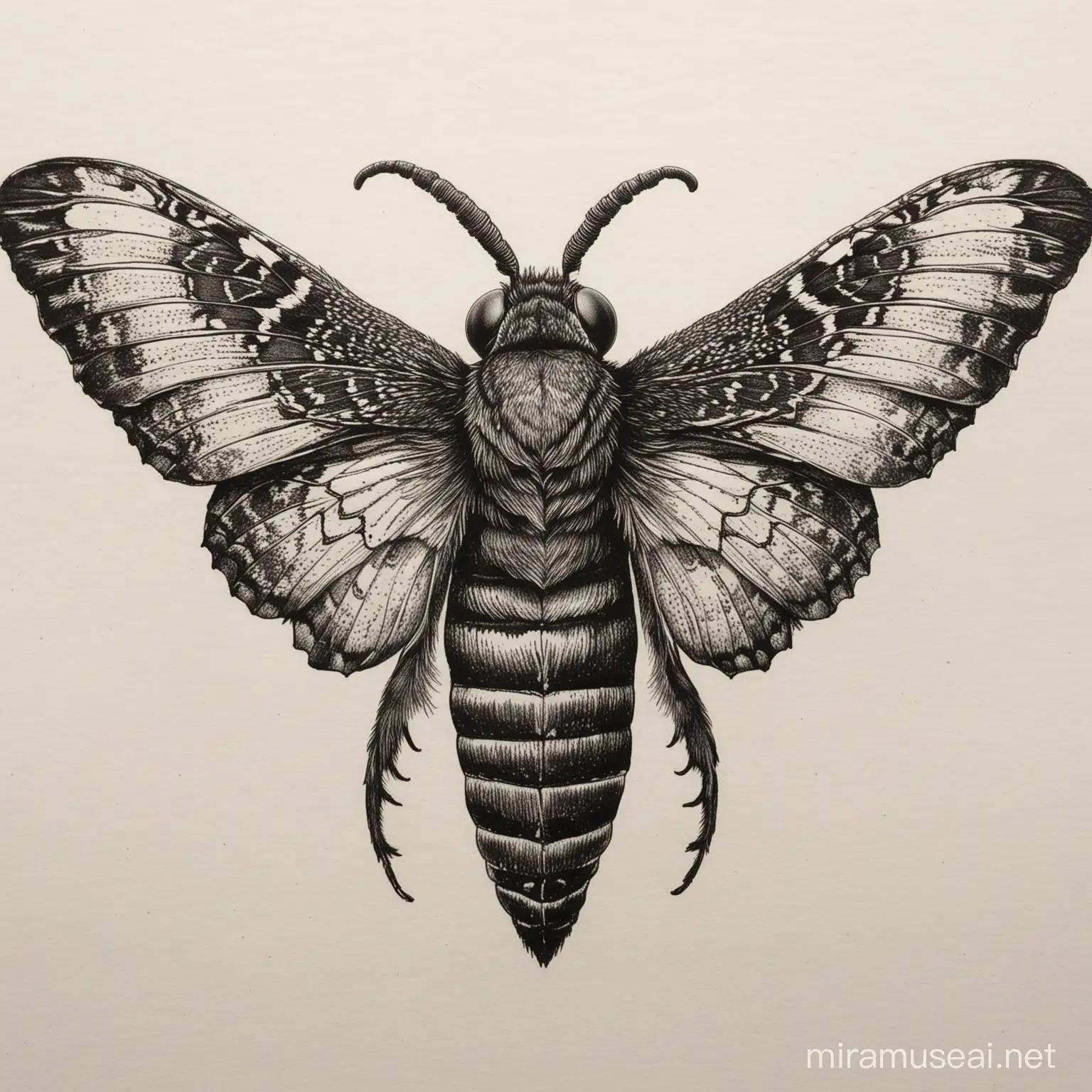 a linocut print of a death's-head hawkmoth seen from above. The moth has human skull-shaped pattern of markings on the thorax. The print is on heavily textured white paper. Negative space around the moth.