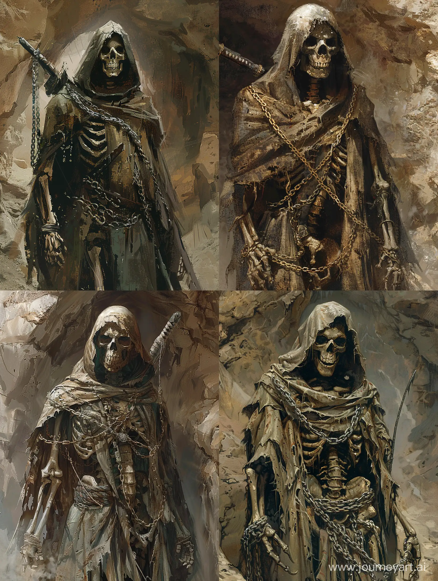 Skeleton warrior [ The central subject is a skeletal being draped in tattered robes and armor. The figure wears a hooded cloak, obscuring most of its skull-like face. Only the empty eye sockets and an open mouth are visible. The robes are worn and torn, suggesting age or neglect. Chains are wrapped around its body, adding to the eerie ambiance. The background is rendered in muted tones, enhancing the overall sense of foreboding. The figure stands against this backdrop, exuding an aura of ancient malevolence]with robe and hood,naginata on the back , in a cave-like place underground , horror place , incredible detail,terrifying,fantasy.