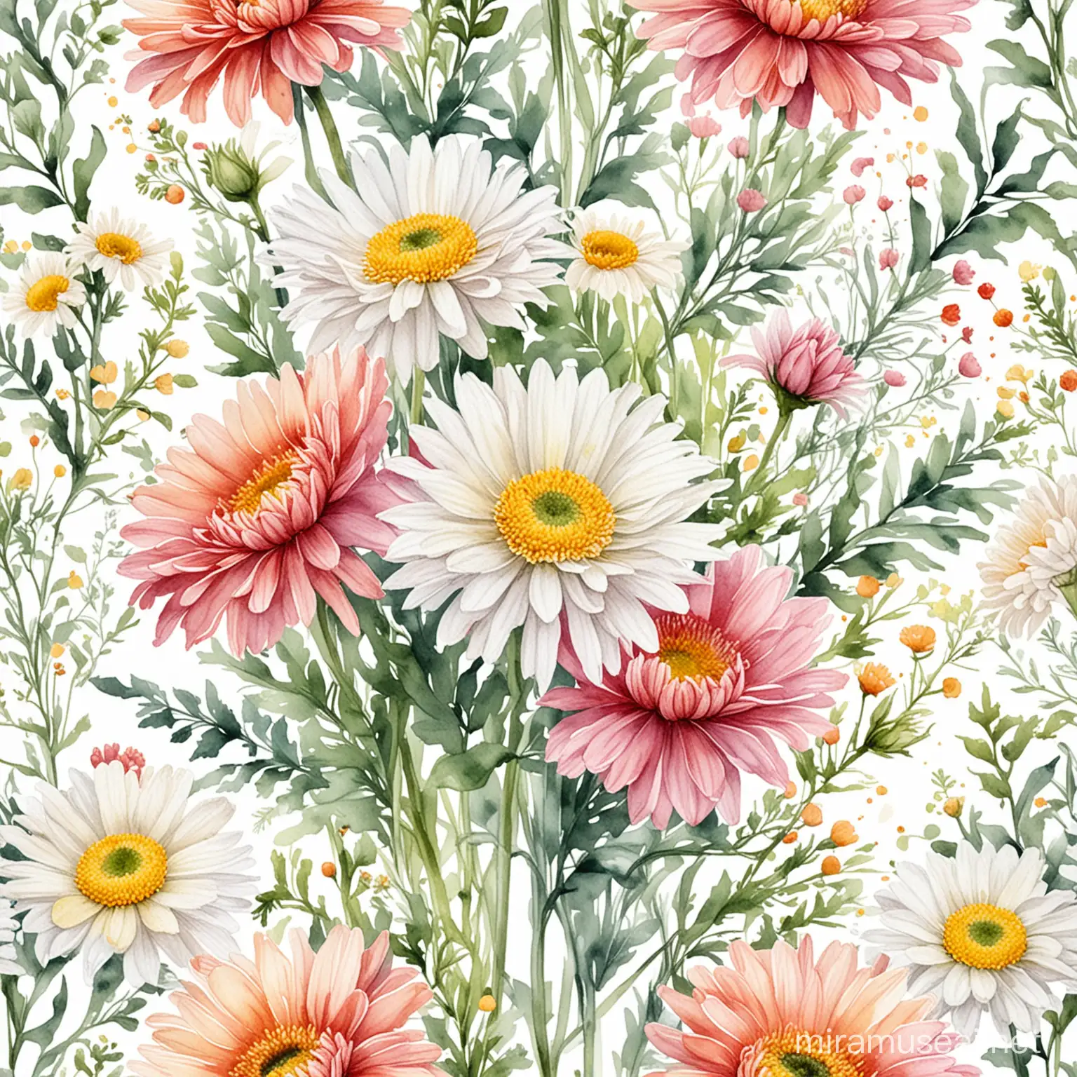 watercolor bouquet chrysanthemum, daisy, and carnation light strokes on white background
