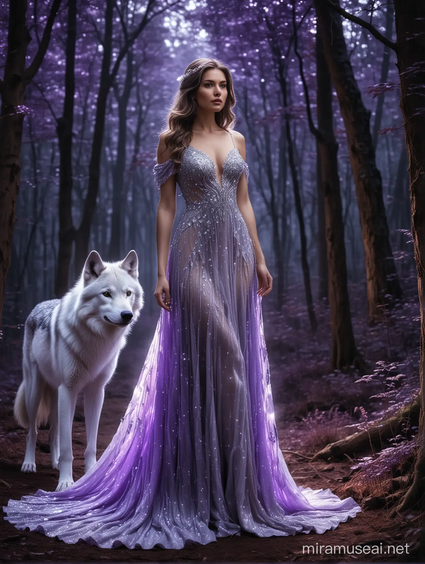 A beautiful lady in a gorgeous sparkling dress with a luminous purple white color wolf standing behind her in the dark forest