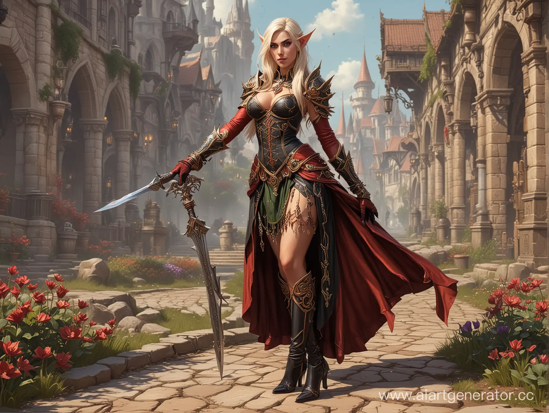 Female blood elf (World of Warcraft) art
В пышном атласном платье. Перчатках и туфлях на шпильке 14.
Пышная юбка по щиколотку и кринолин. Юбка со стальными кольцами. Гуляет в эльфийском городе.