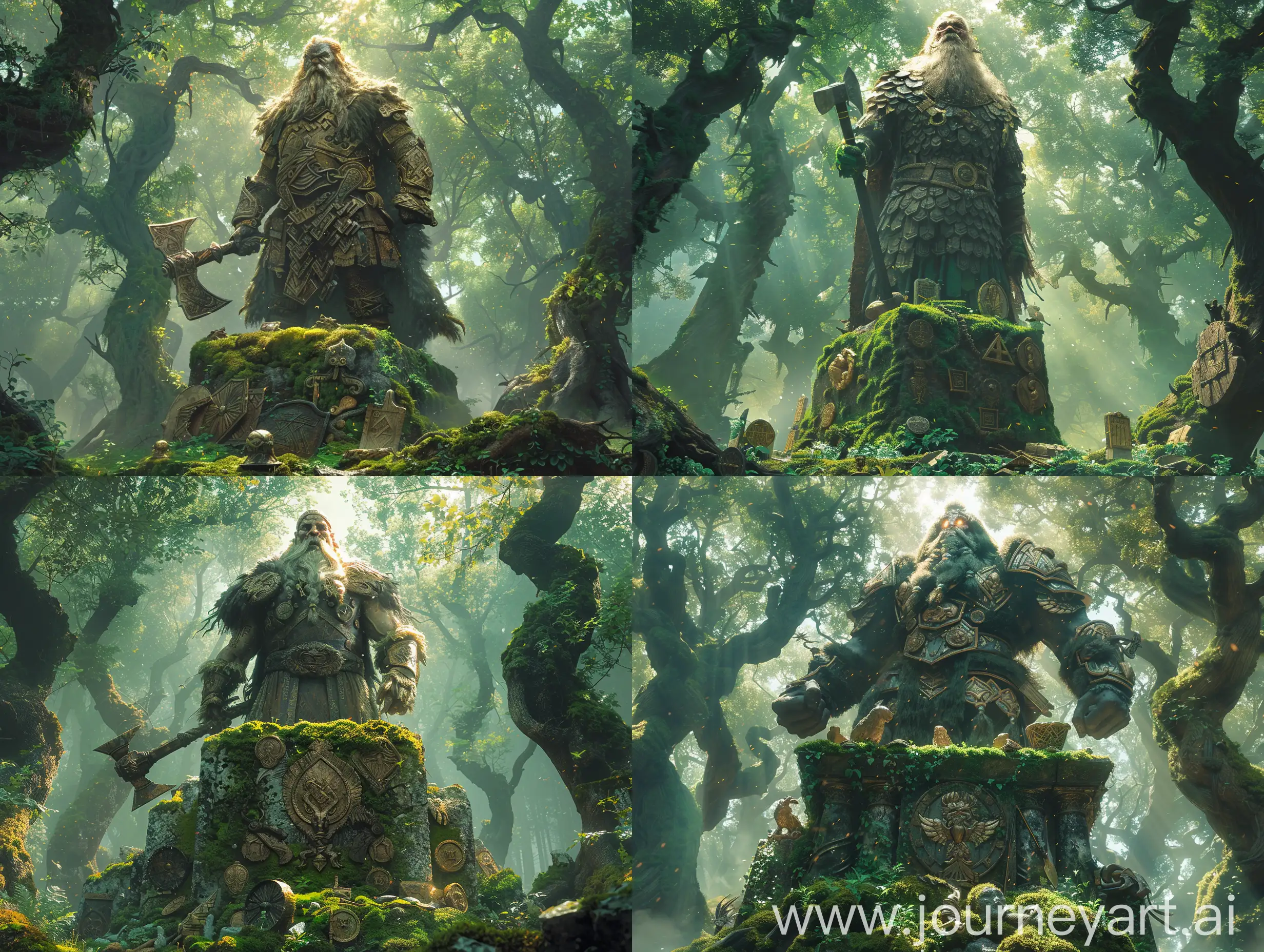 In the heart of an ancient Slavic forest, the God of War, a formidable and imposing figure, stands atop a moss-covered stone altar adorned with intricate carvings. Clad in armor crafted from the scales of mythical creatures and wielding a double-edged battle axe, the god exudes an aura of primal power. His eyes, glowing with an otherworldly fire, survey the surroundings with a mix of ferocity and vigilance.
Surrounding the god are mystical symbols and offerings left by worshippers – tokens of war, shields, and carved totems depicting fearsome beasts. The god's expression is both stern and contemplative, embodying the duality of conflict and the necessity of balance in the natural order. The setting is a dense Slavic forest, where ancient trees with twisted branches create a canopy overhead. Shafts of soft sunlight filter through the foliage, illuminating patches of vibrant moss on the forest floor. An ethereal mist, tinged with hues of green and gold, adds an otherworldly quality to the sacred grove. The image is rendered in a style that pays homage to Slavic folklore and mythology, featuring intricate patterns and symbols inspired by traditional art. The color palette is rich in earthy tones, with deep greens, browns, and splashes of gold, reflecting the deep connection between the god and the natural world. The atmosphere is charged with a sense of reverence and ancient power, as if the very air resonates with the echoes of battles fought in times long past.
Behind the god, shadows dance among the ancient trees, hinting at the presence of ancestral spirits and the enduring legacy of the Slavic mythological world ‐‐q . 25 --stylize 1000 