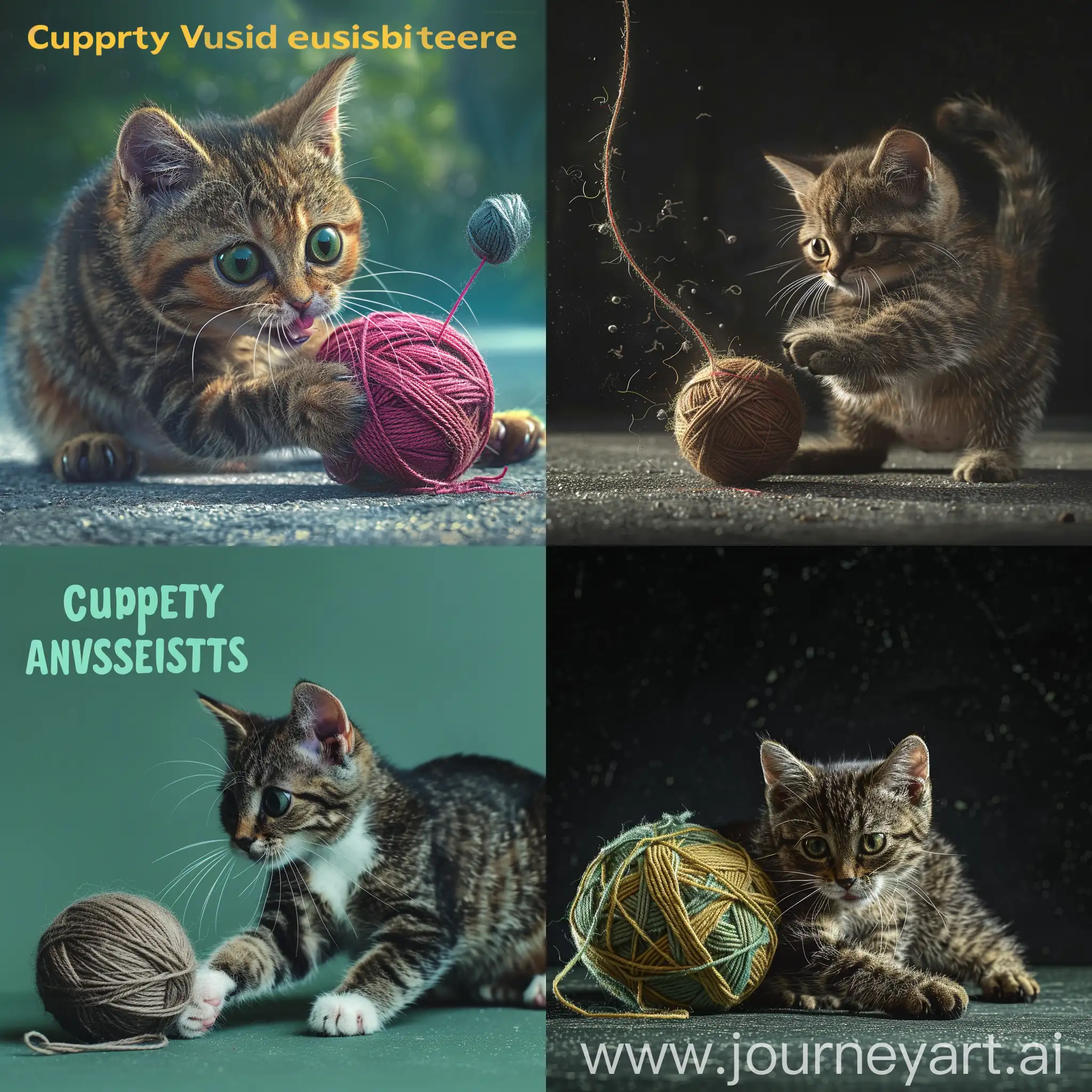 Generate an image of a cat playing with a ball of yarn, with the text 'Curiosity unleashed'. Photorealistic image.