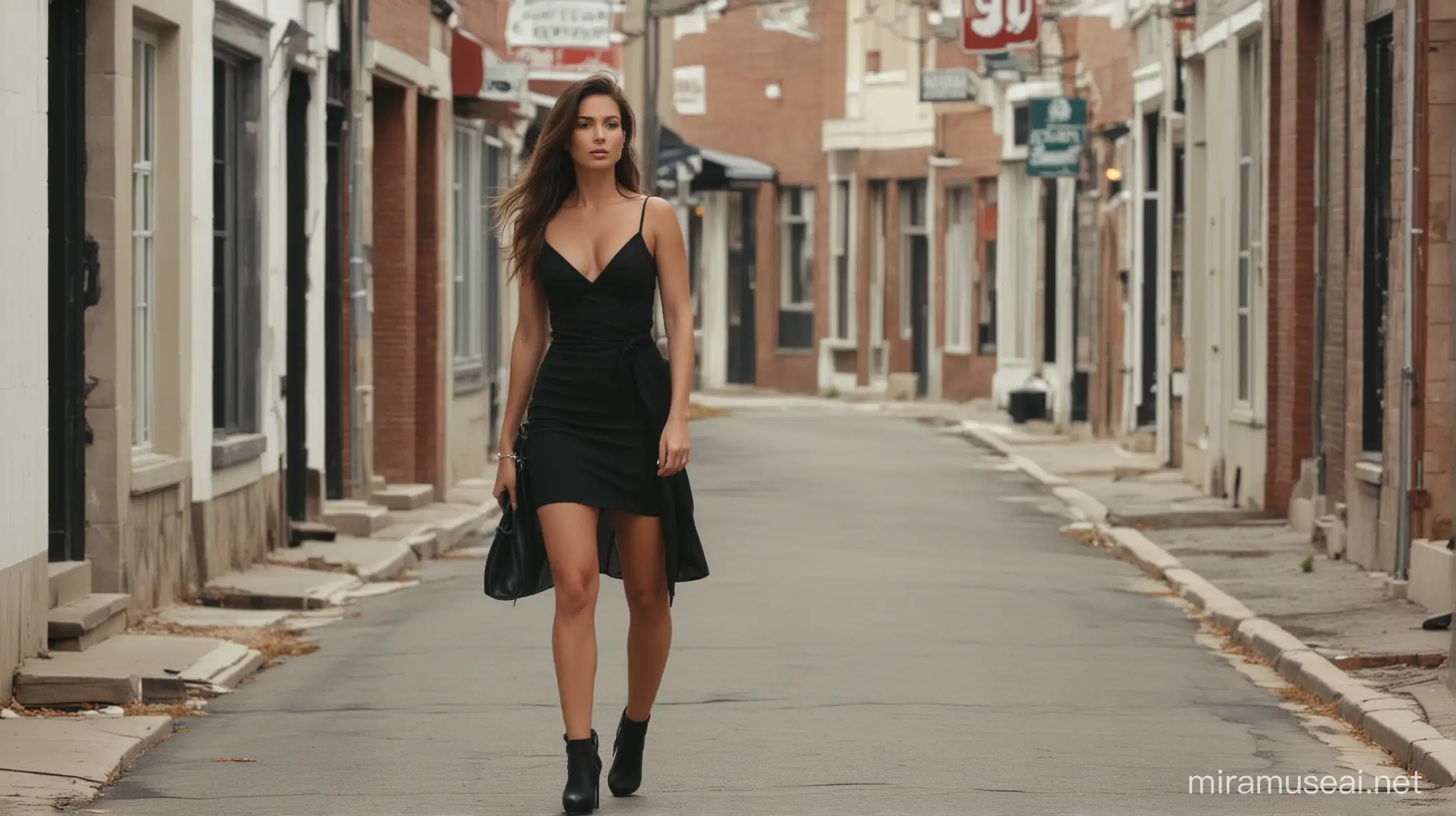 Seductive Woman Strides Through Abandoned Small Town Street