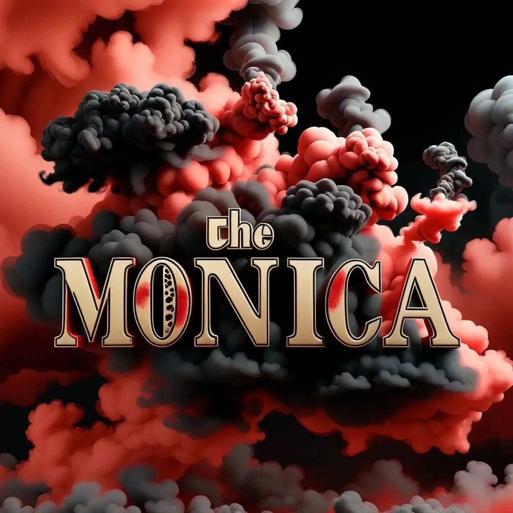 the name "Monica" spelled correctly in order in black letters intertwined with red and black clouds and smoke with gold specks 