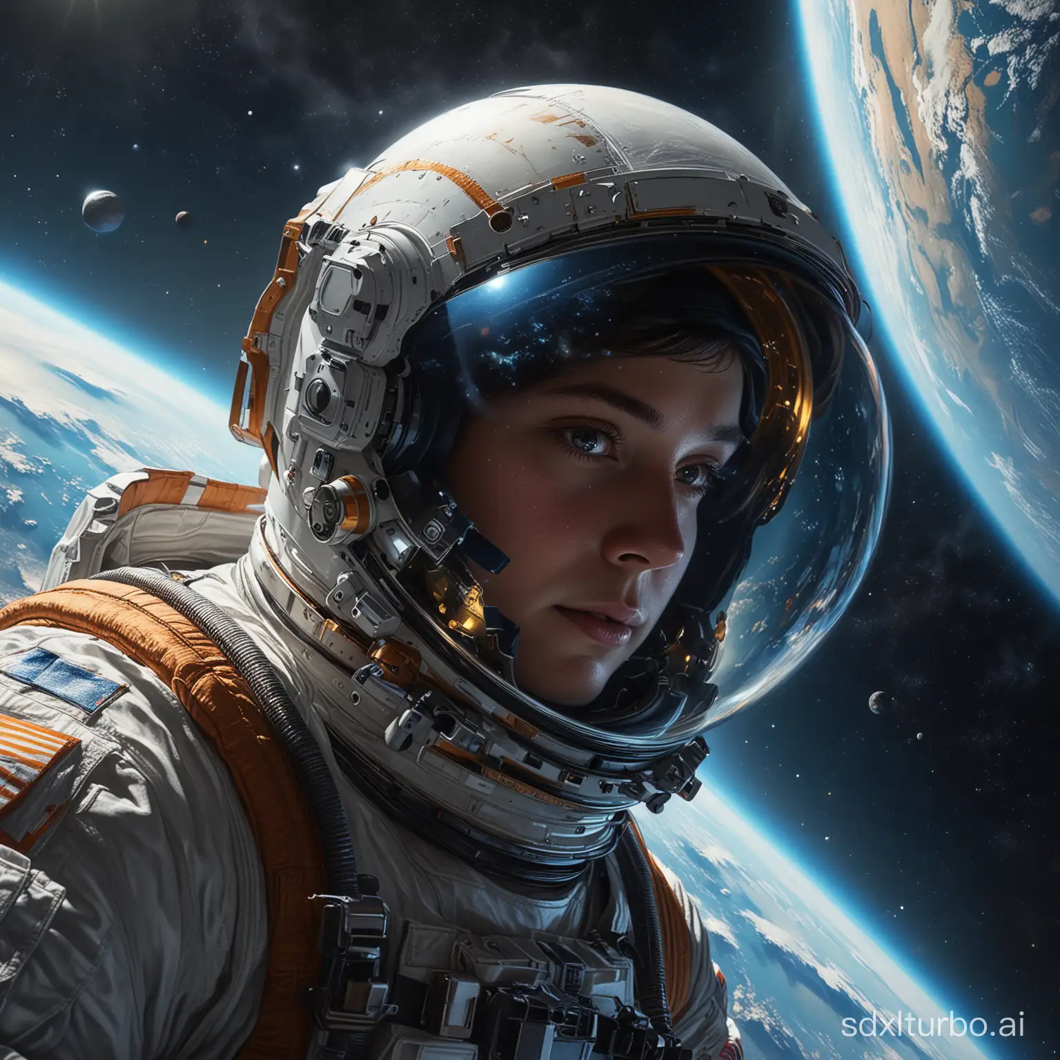 Digital painting of an astronaut floating in space, with a reflection of Earth in the helmet visor, intricate, elegant, volumetric lighting, scenery, digital painting, highly detailed, artstation, sharp focus, illustration, concept art,ruan jia, steve mccurry