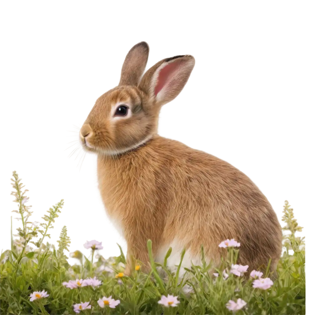 A serene and tranquil scene of a rabbit nestled among wildflowers in a meadow.