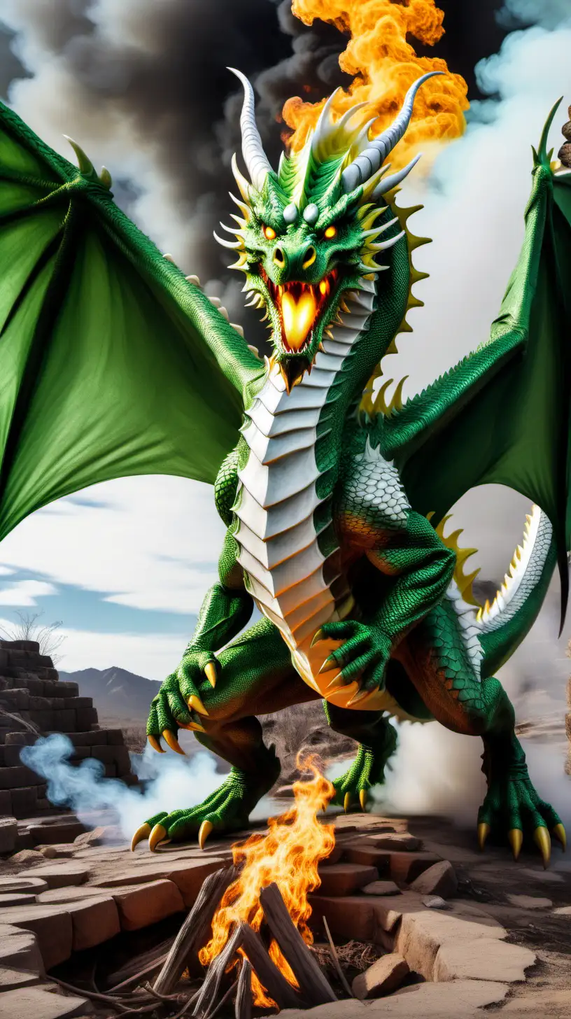 A real green and white dragon with yellow eyes and slit pupils, spiting fire above an indigenous sacred place