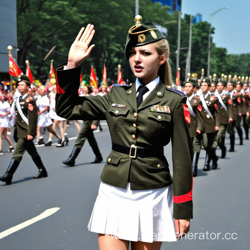 женина-военный марширует на параде белая короткая юбка высоко подняла ногу