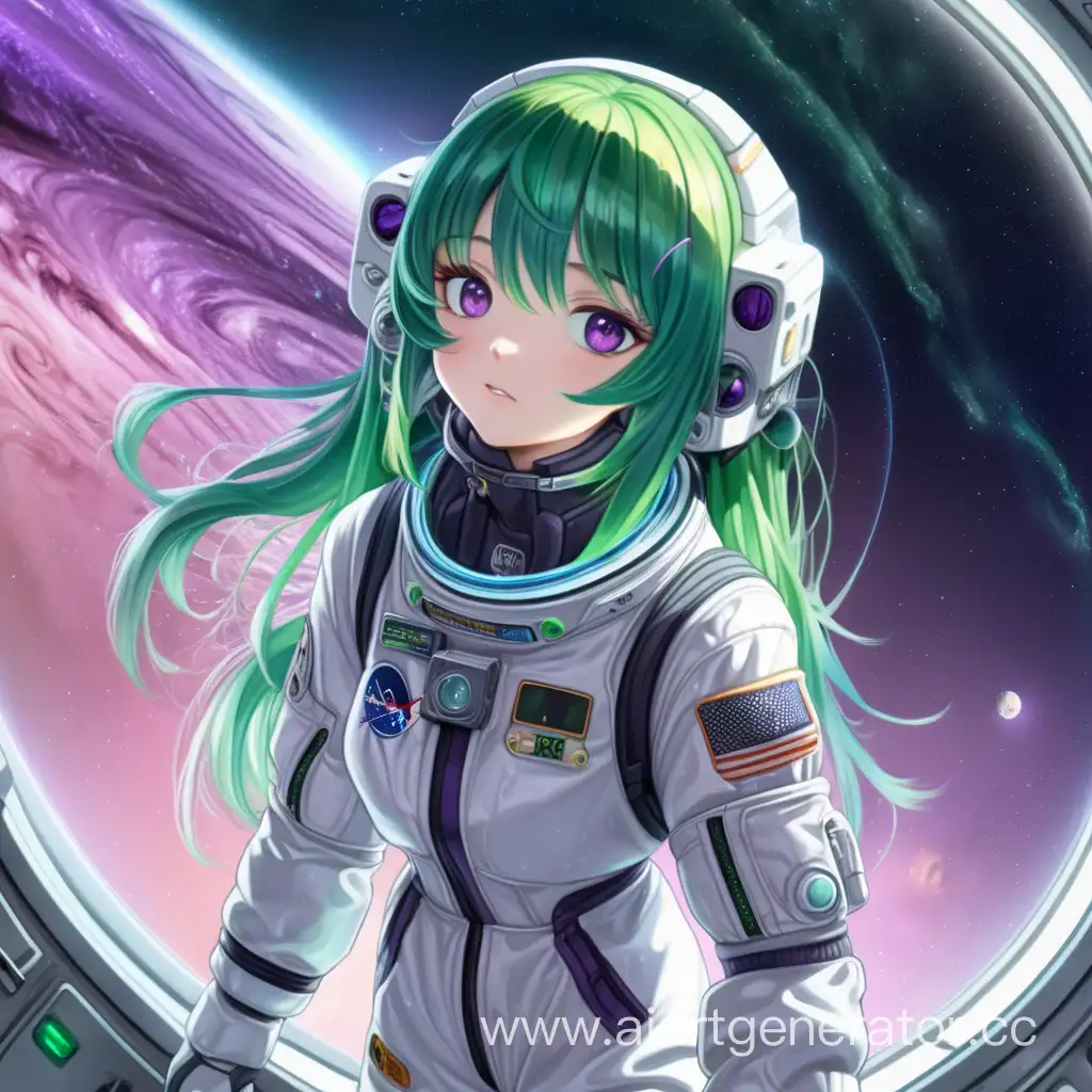 Anime girl, in a spacesuit, with long green hair and sparkling purple eyes, on the space station, near Jupiter, during a storm in a New Year theme.