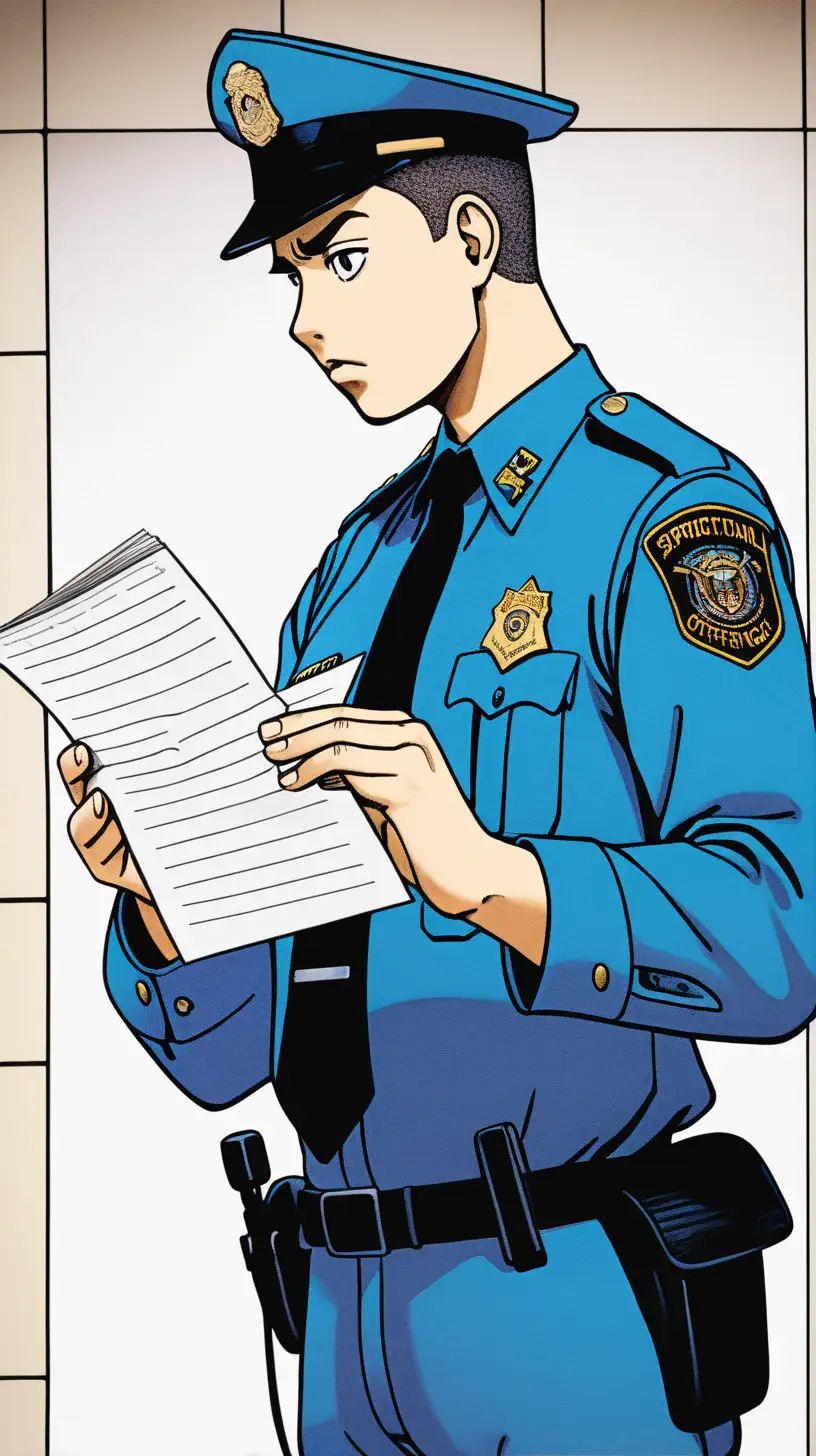 Concerned Correctional Officer Reading Important Note in Vibrant Manga Illustration