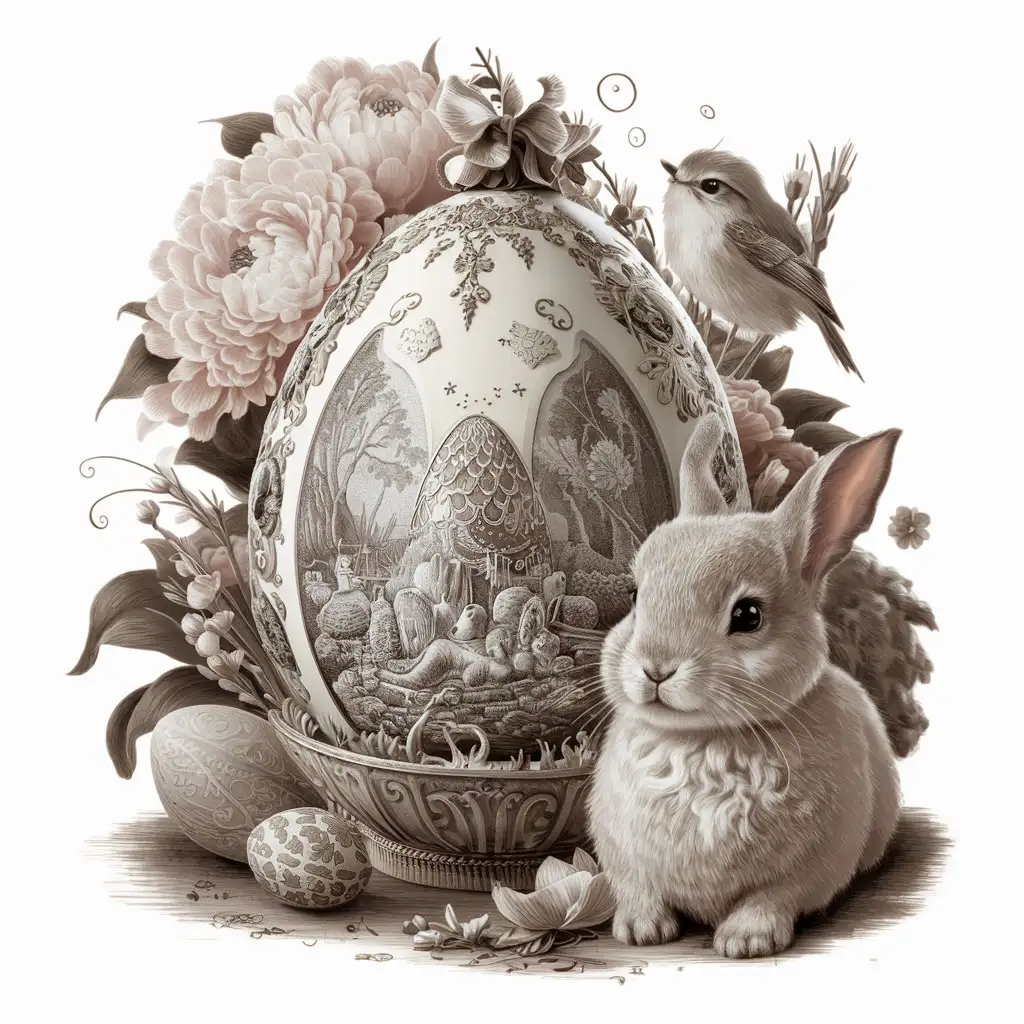 Victorian era image with an Easter egg in the center, a bunny, a small bird, and the egg beautifully decorated with drawings, surrounded by lush pastel flowers typical of the Victorian era