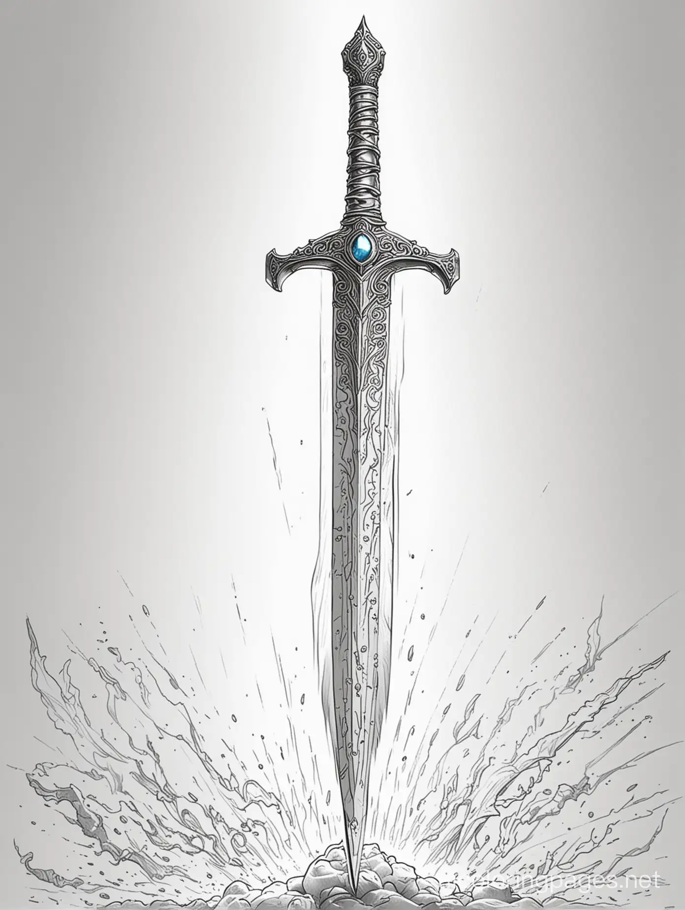 a bright heavely sword that is shinning forth bright light as it cuts through dreadful darkness, Coloring Page, black and white, line art, white background, Simplicity, Ample White Space. The background of the coloring page is plain white to make it easy for young children to color within the lines. The outlines of all the subjects are easy to distinguish, making it simple for kids to color without too much difficulty