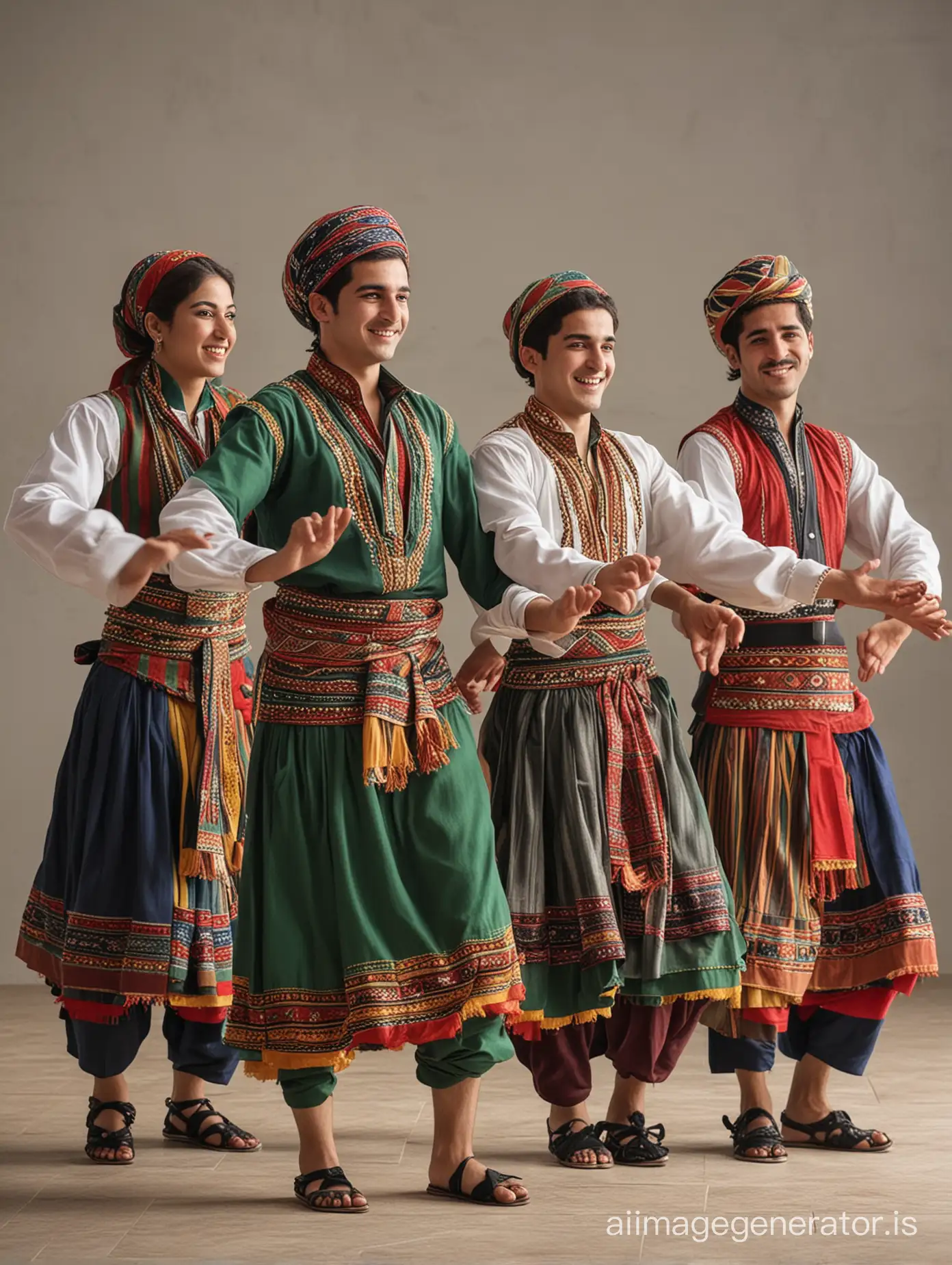 show me group of Kurdi   dancer men and women dancing from iran in the traditional dress