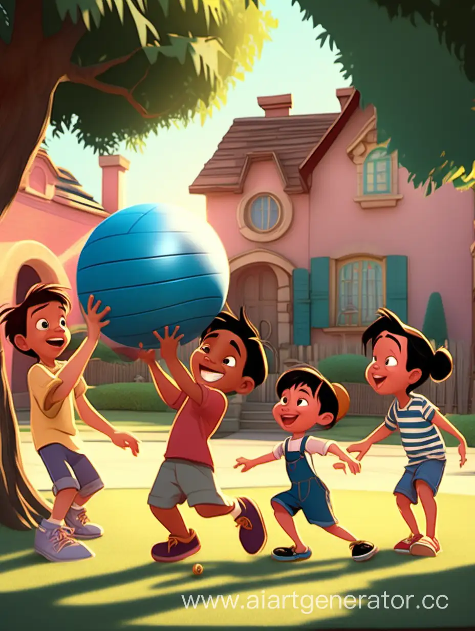 Дети играют во дворе с мячиком в мультипликационном стиле Дисней 