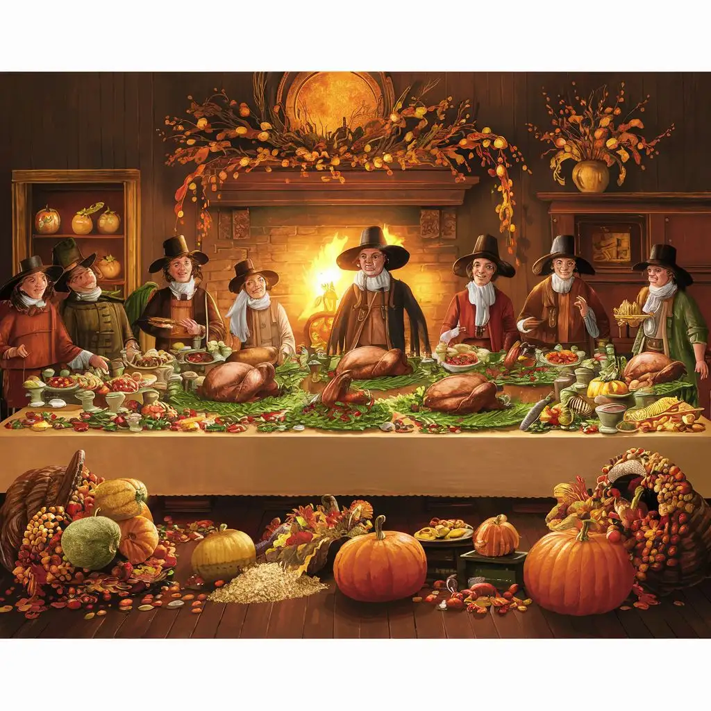 Pilgrims, turkeys, and autumnal bounty overflowing from cornucopias.