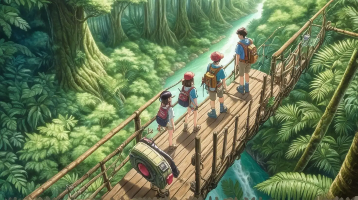 apanese anime inspired, male and female
explorers exploring rainforest, ariel shot, detailed face