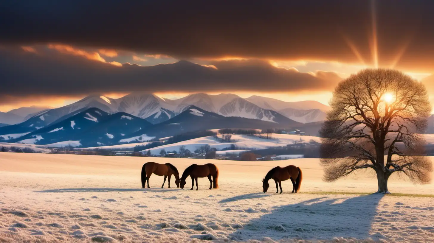 2 horses, rolling grass meadows with no snow, snow covered mountains in the background, 1 beautiful lone tree in the meadow, bright dramatic sunset, very light clouds