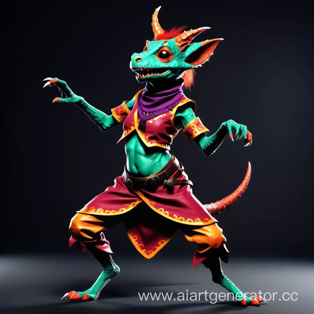 Female kobold dancing, vivid clothing 