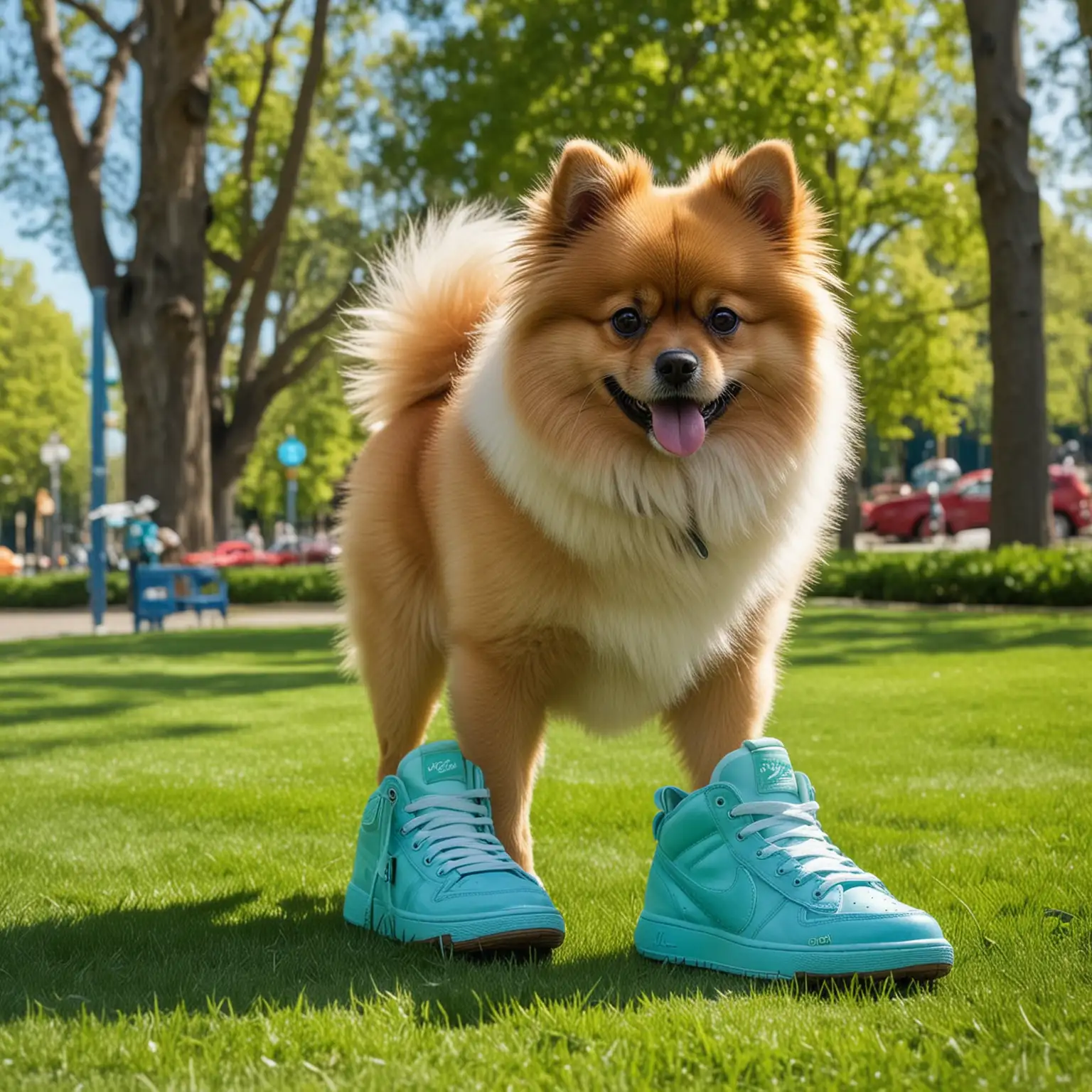 Visualize a small dog, like a Pomeranian, standing next to a pair of giant sneakers. The scene takes place on a sunny day in an urban park with green grass and a few trees in the background. The sneakers are oversized, about four times the size of the dog, and are vividly colored in neon green and blue. The tiny dog looks curiously at one of the sneakers, perhaps puzzled or intrigued by its enormous size compared to its own tiny stature. The image captures the striking contrast in size between the dog and the footwear, highlighting a playful and whimsical theme.