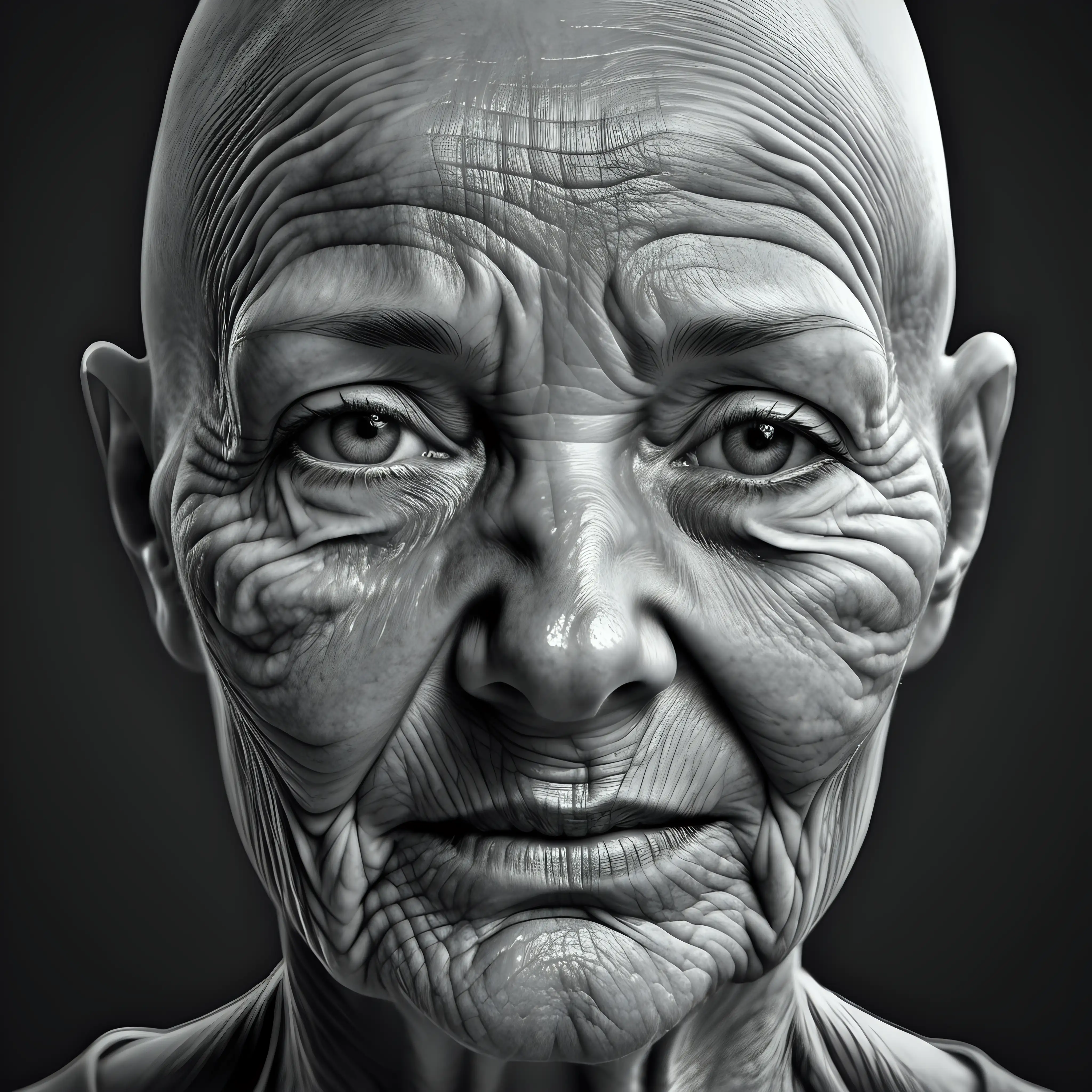 wrinkly face, realistic, high detail, black and white, full face, no hair, no shadows, female