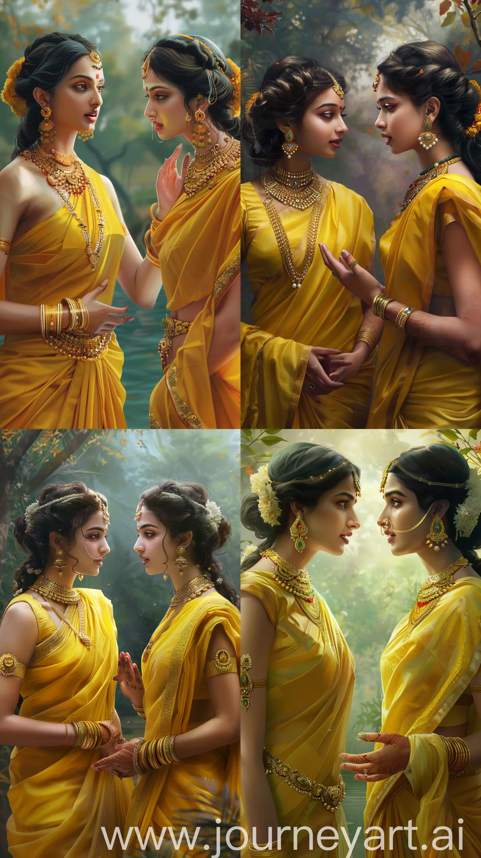 Realistic, colorful, two identical Indian women from ancient times dressed in yellow sarees facing each other, one woman speaking to the other, intricate jewelry details, serene tranquil background, 8k resolution --ar 9:16 