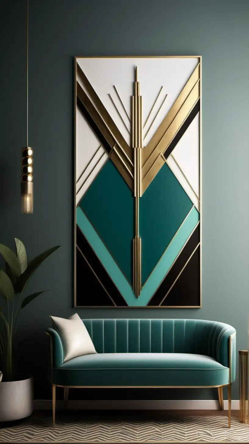 Design a wall art piece that merges vintage 1920s Art Deco elements with modern minimalist trends. Imagine geometric patterns and bold, streamlined shapes combined with sleek, simple lines and a neutral color palette accented with gold and teal