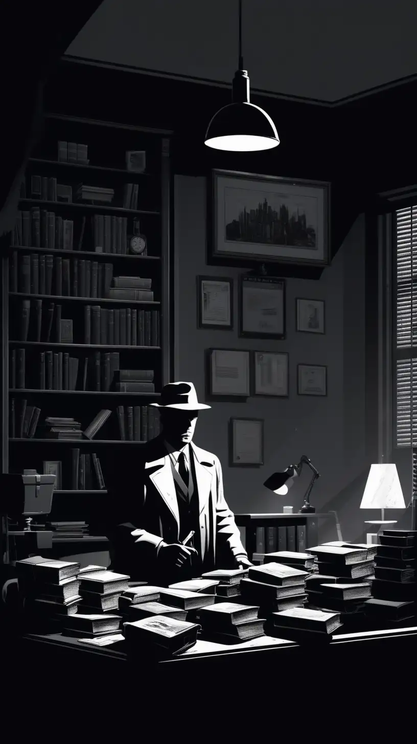 detective office noir filled with books 