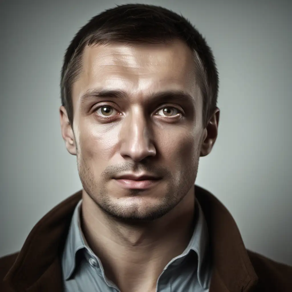 Create a portrait of a russian male european age 35, looking straight in camera

