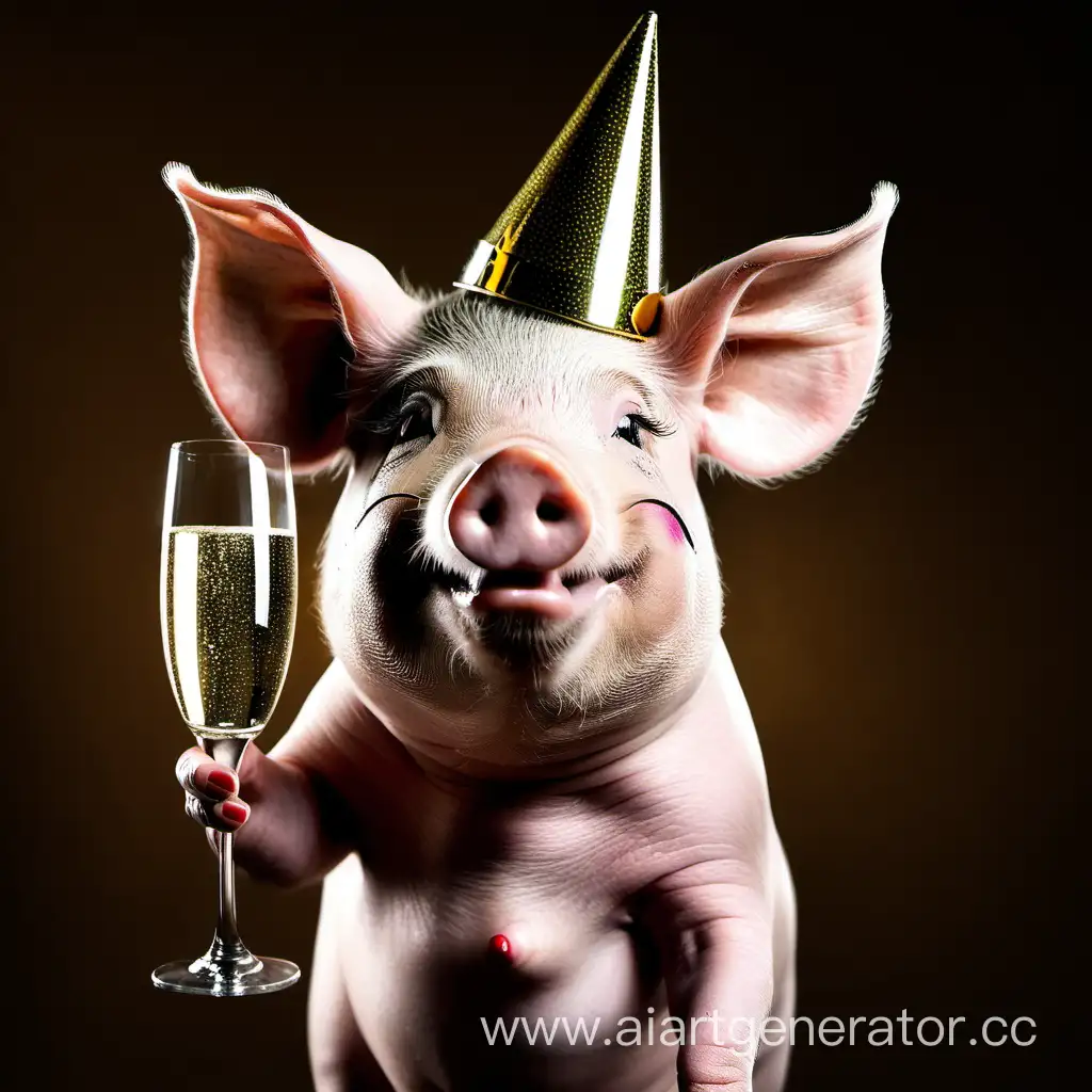 A New Year's pig with glamorous makeup and a glass of champagne.