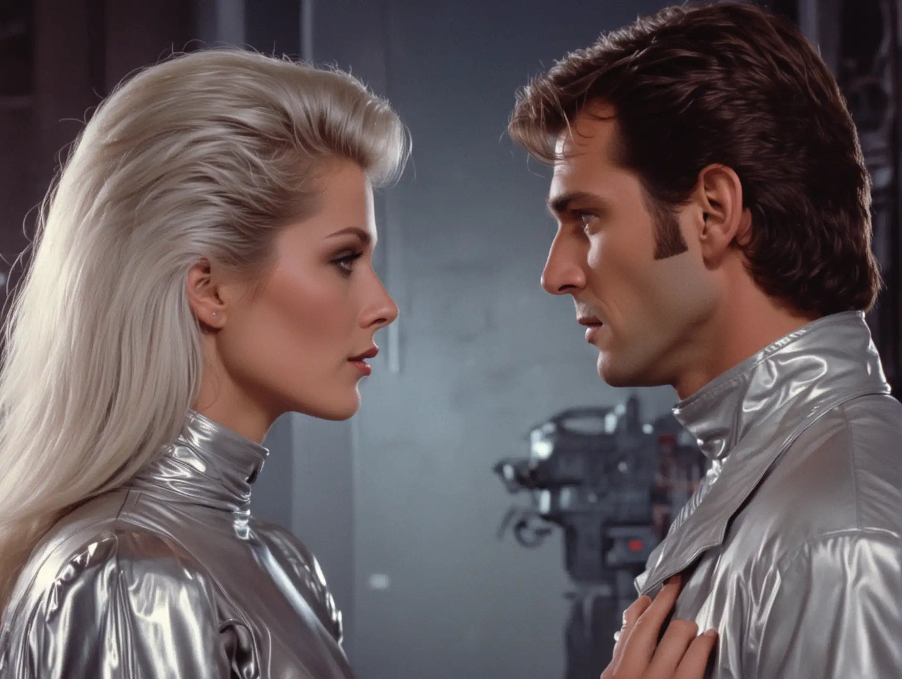 footage from a 1980s sci-fi dvd, romantic scene, silver lady, date scene