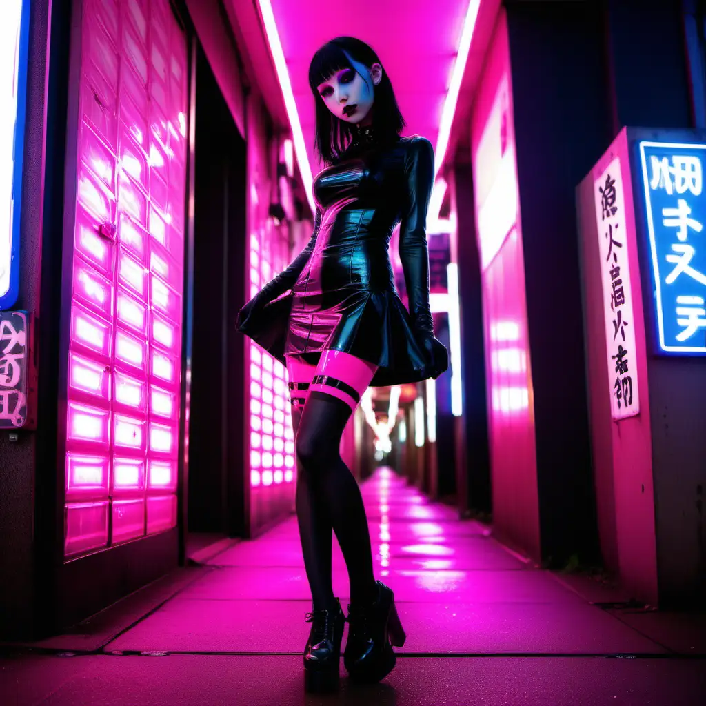 Goth girl. Neon lights. Pink. Streets. Tokyo. Latex. Stockings.