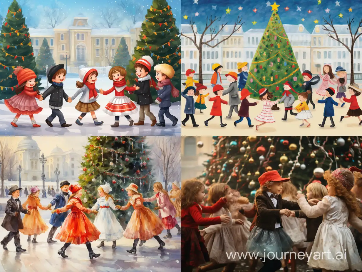 bright colors, beautiful faces of children, many boys and girls dressed in hats and fur coats, dancing around a large elegant Christmas tree in the yard, clearly drawn lines, 120k, high resolution, high detail: realistic, 30mm lens, 1/250s, f/2.8, ISO 180