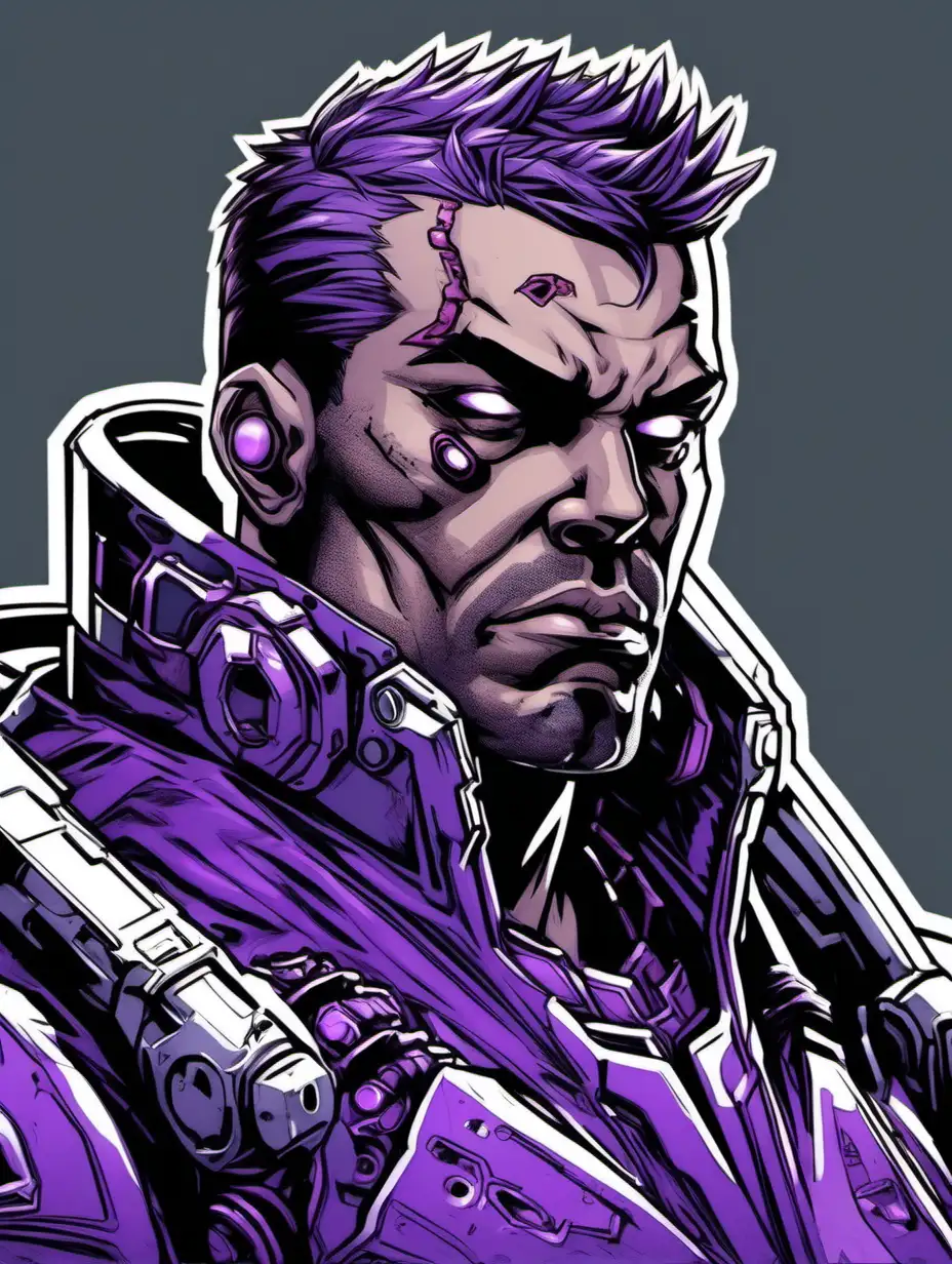 nked comic book art style. Close up portrait. Male space pirate. cyberpunk. Wearing purple power armor. Grey background.
