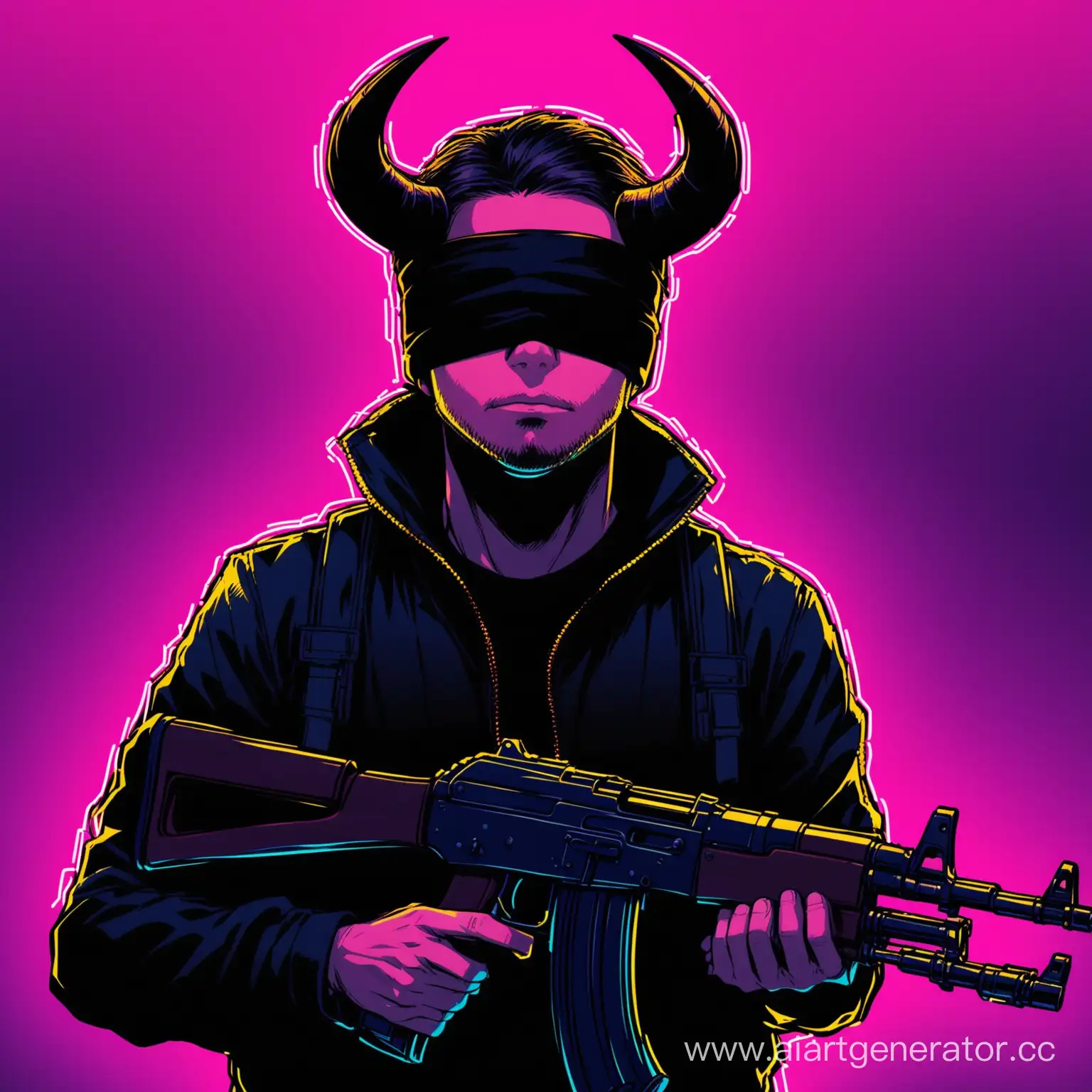 Sinister-Horned-Man-with-Blindfold-and-AK47-in-Neon-Light