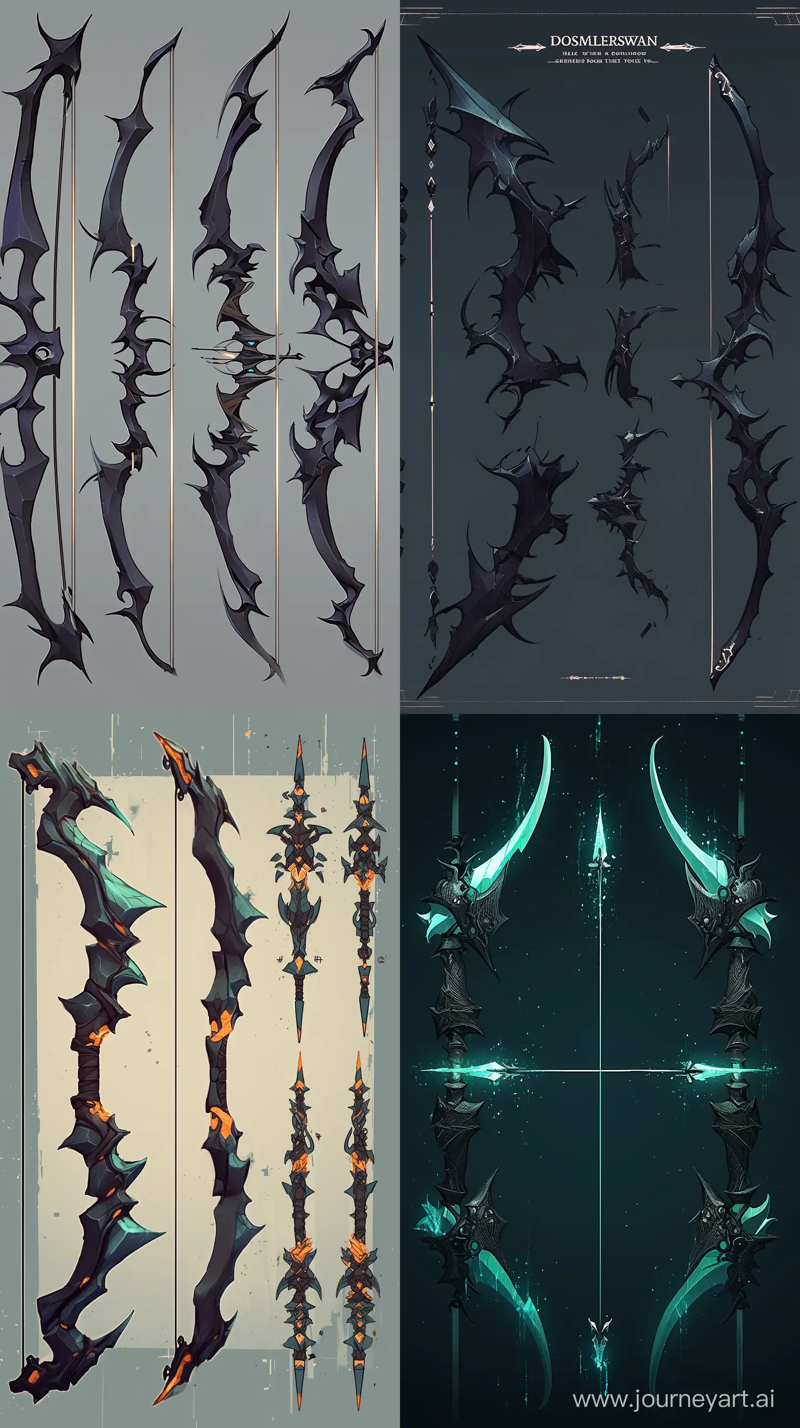 a very simple obsidian Bow, Weapon Sheet with multiple types, --ar 9:16 --niji 6