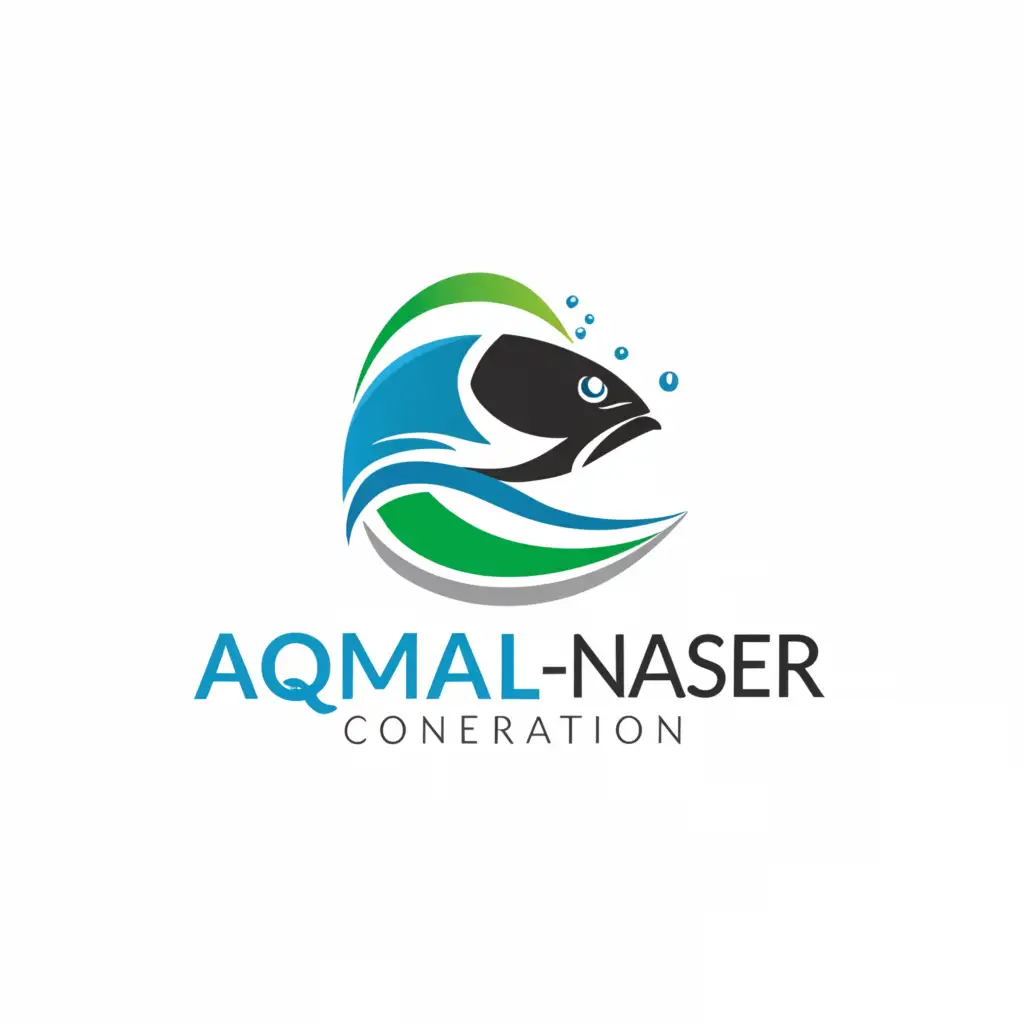 a logo design,with the text "AQMAL-NASER", main symbol:FISH
WATER
CONSERVATION
,complex,be used in Entertainment industry,clear background