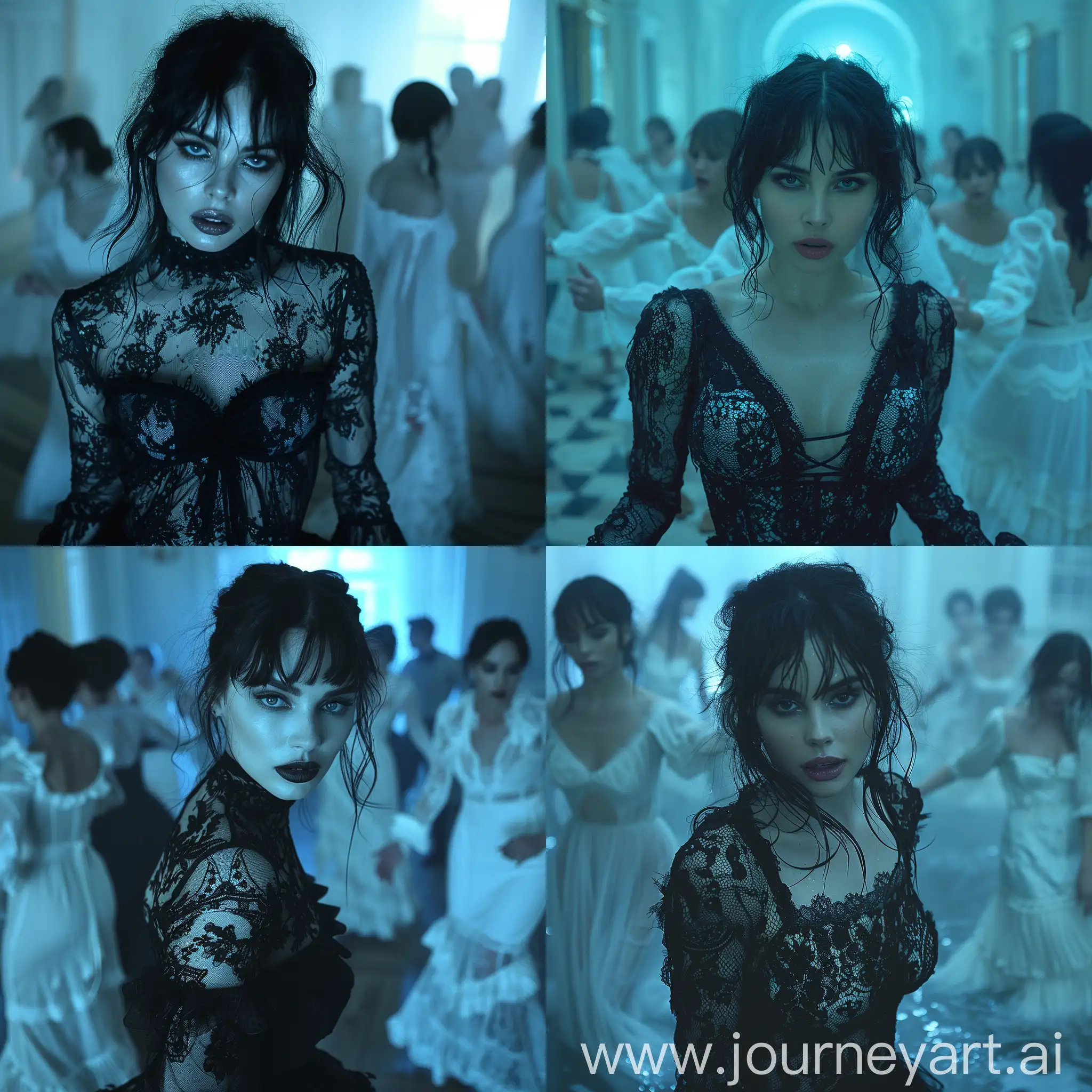 a scene set in a dimly lit room that gives off the ambience of a dance setting. The focus is on a woman in the foreground who is dressed in a black, lace-embellished dress, which contrasts with the surrounding individuals who are all dressed in white. The woman has dark hair styled with bangs and is captured in a pose that suggests movement, as if she's in the midst of dancing. Her expression is intense and somewhat dramatic, contributing to the overall moody atmosphere of the scene.

The background shows other people who are also dancing. They appear to be paired off, spreading out across the room, bathed in a cool blue light. The lighting gives off a cinematic feel and adds to the mysterious or somber vibe of the image. It's a dynamic scene that evokes a sense of story, possibly from a film or a theatrical production --stylize 750 --v 6