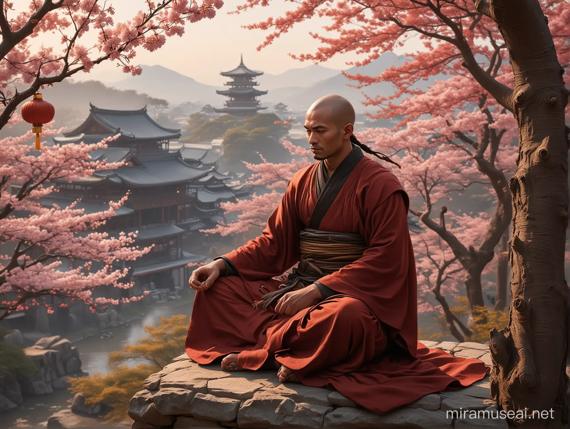Style: realistic concept art, video game artwork, Legends of the Five Rings RPG 
Appearance: A monk of the Scorpion Clan, distinguished by his clean-shaven face and a shaven head, save for a long braided tail or topknot, symbolizing his commitment to his monkhood. He wears robes primarily in shades of red and brown, a Scorpion emblem proudly displayed on the shoulder of his sleeve. Rather than wearing a mask conventionally, he carries it as a necklace, hanging gracefully around his neck and resting against his chest.
Pose: He is depicted in a serene state of meditation, sitting with perfect posture upon a cushion, his hands gently resting on his knees in the traditional mudra of meditation. His expression is serene, his mind focused inward, as he seeks enlightenment through introspection and discipline.
Companion: By his side is a sleek black raven, his loyal companion and confidant. The raven is perched on a nearby branch or ledge. 
Background: In the distance, the silhouette of a Japanese-style monastery or temple emerges against the horizon, its graceful architecture blending harmoniously with the surrounding natural landscape. Cherry blossom trees frame the scene, their delicate petals drifting gently on the breeze, while lanterns cast a warm glow upon the tranquil setting. This temple serves as a sanctuary, a place of refuge where he seeks solace and enlightenment amidst the chaos of the world.