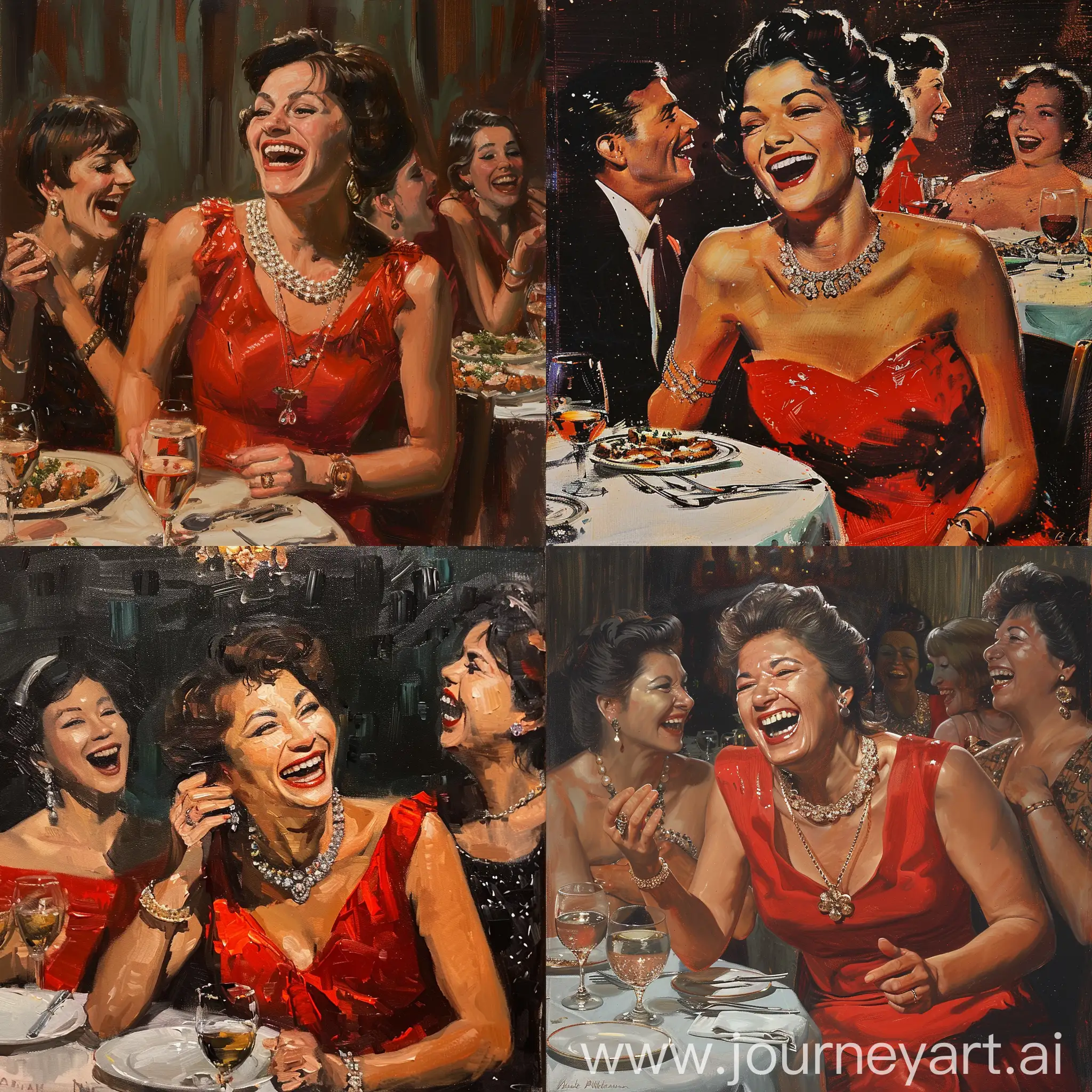 Elegant-1960s-Dinner-Party-Joyful-Woman-in-Red-Dress-with-Friends