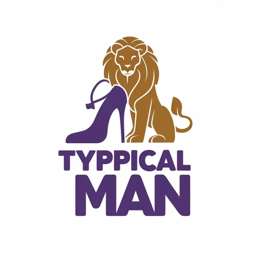 a logo design,with the text "Typical man", main symbol:A small lion next to a large cartoon-style female heel,Moderate,be used in Entertainment industry,clear background