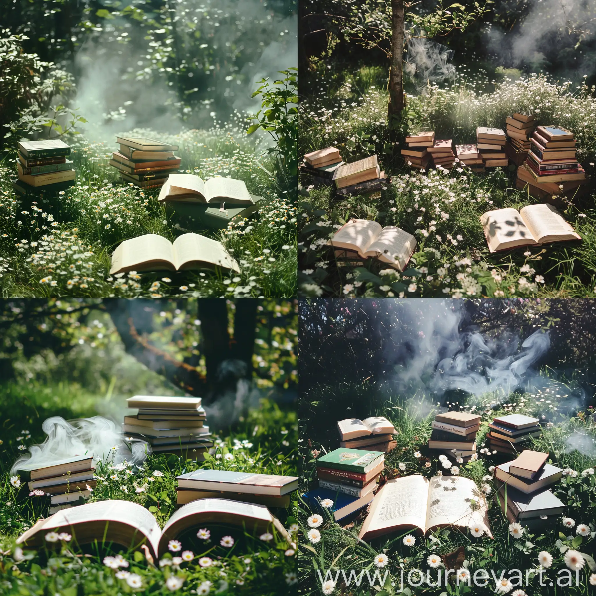 Книги на зелёной траве, в некоторых местах белые маленькие цветочки, открытая книга и рядом стопка в дыму. Солнечная погода
