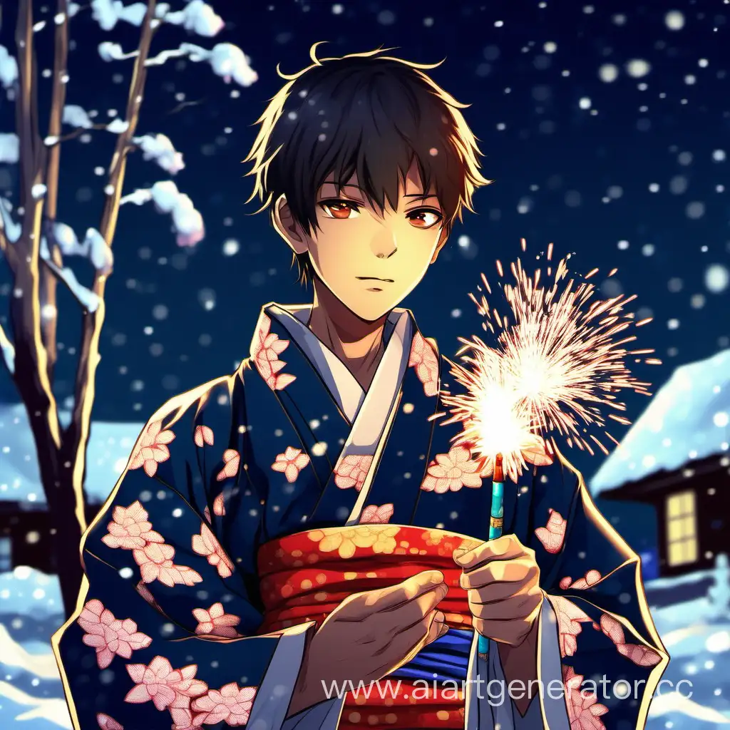 Winter-Yukata-Portrait-Young-Man-with-Firecrackers-in-Gentle-Night