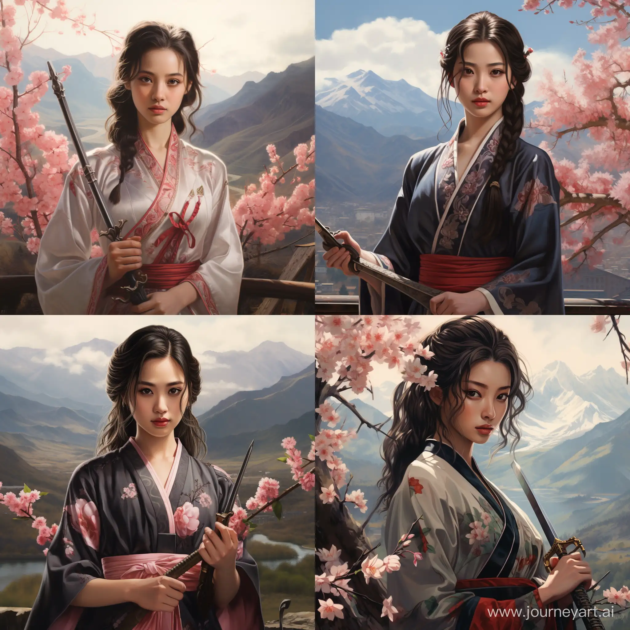 Девушка в традиционном китайском наряде на фоне гор и цветущей сакуры вонзает кинжал себе в серце